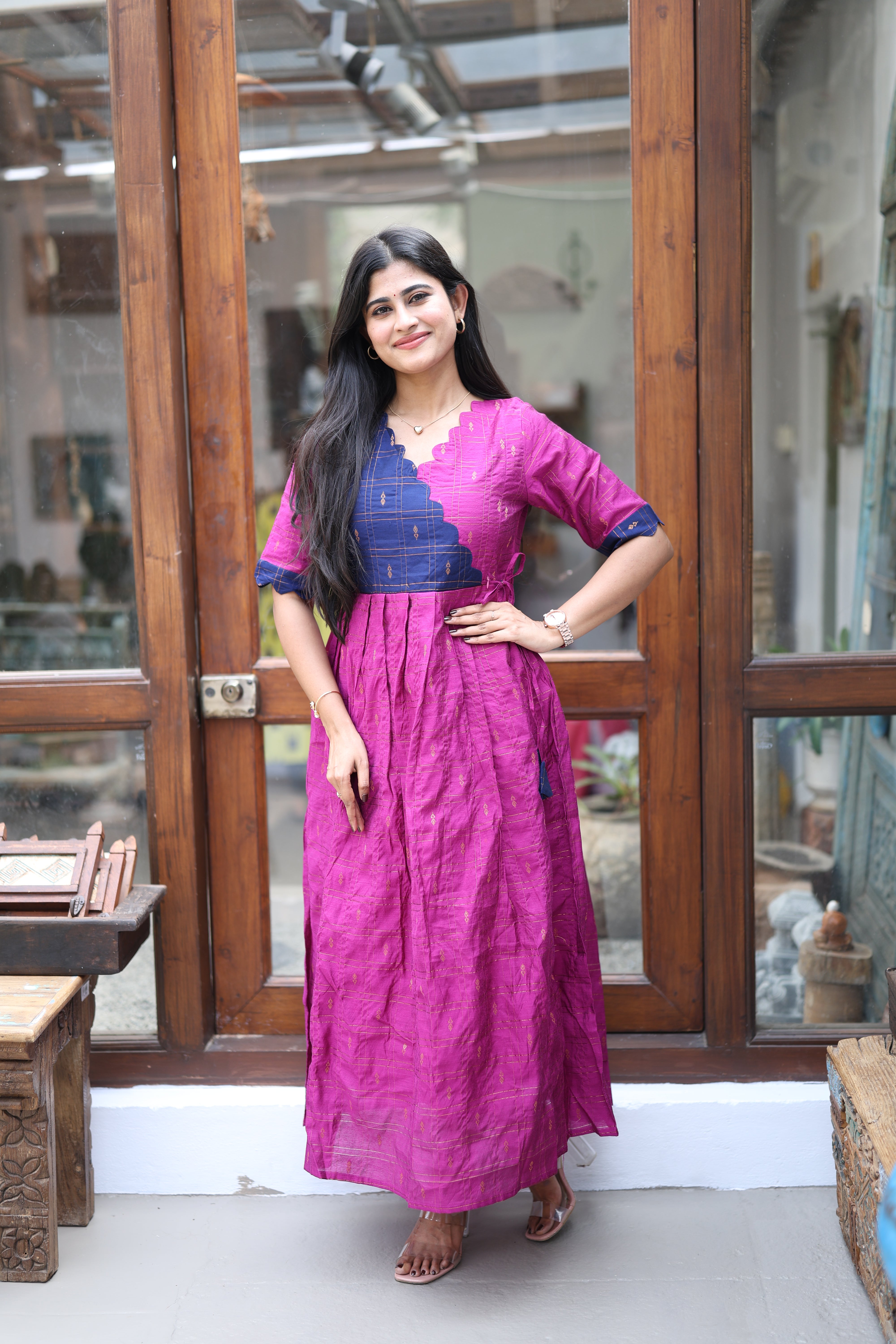 Premium Ethnic Raw Silk Scallop Maxi-Feeding(With Lining)