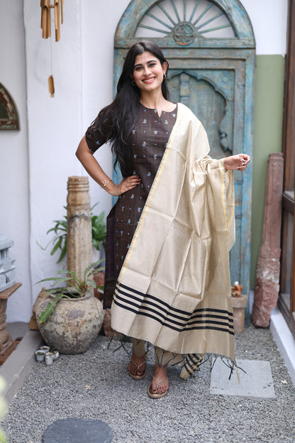 Brown-Premium Raw Silk Printed Salwar Set-(Top,Bottom,Duppatta)- Feeding FC0297