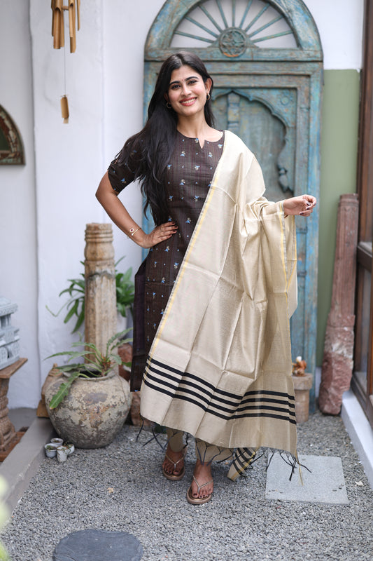 Brown-Premium Raw Silk Printed Salwar Set-(Top,Bottom,Duppatta)- Feeding