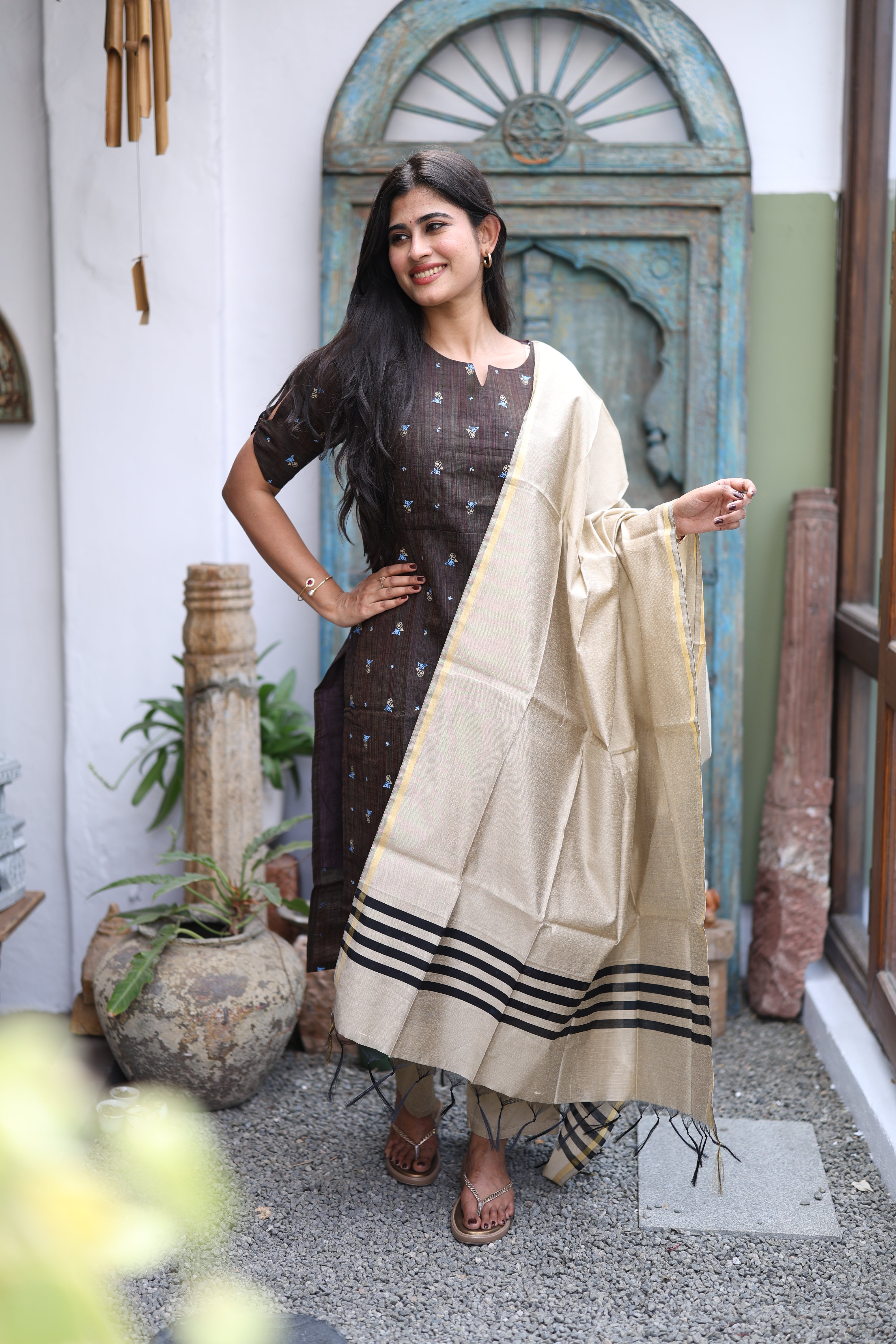 Brown-Premium Raw Silk Printed Salwar Set-(Top,Bottom,Duppatta)- Feeding