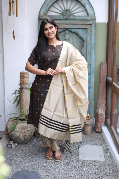 Brown-Premium Raw Silk Printed Salwar Set-(Top,Bottom,Duppatta)- Feeding FC0297