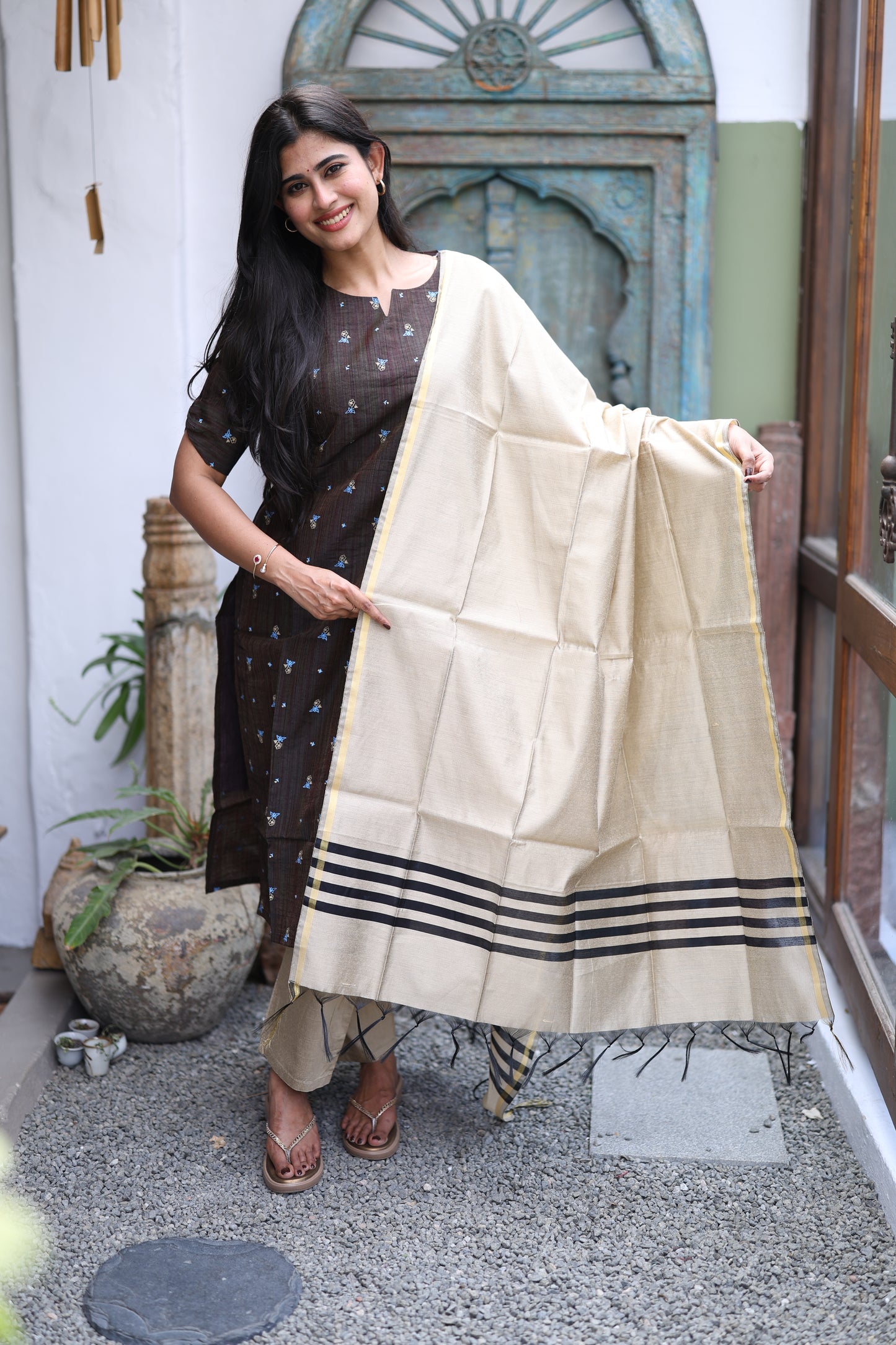 Brown-Premium Raw Silk Printed Salwar Set-(Top,Bottom,Duppatta)- Feeding FC0297