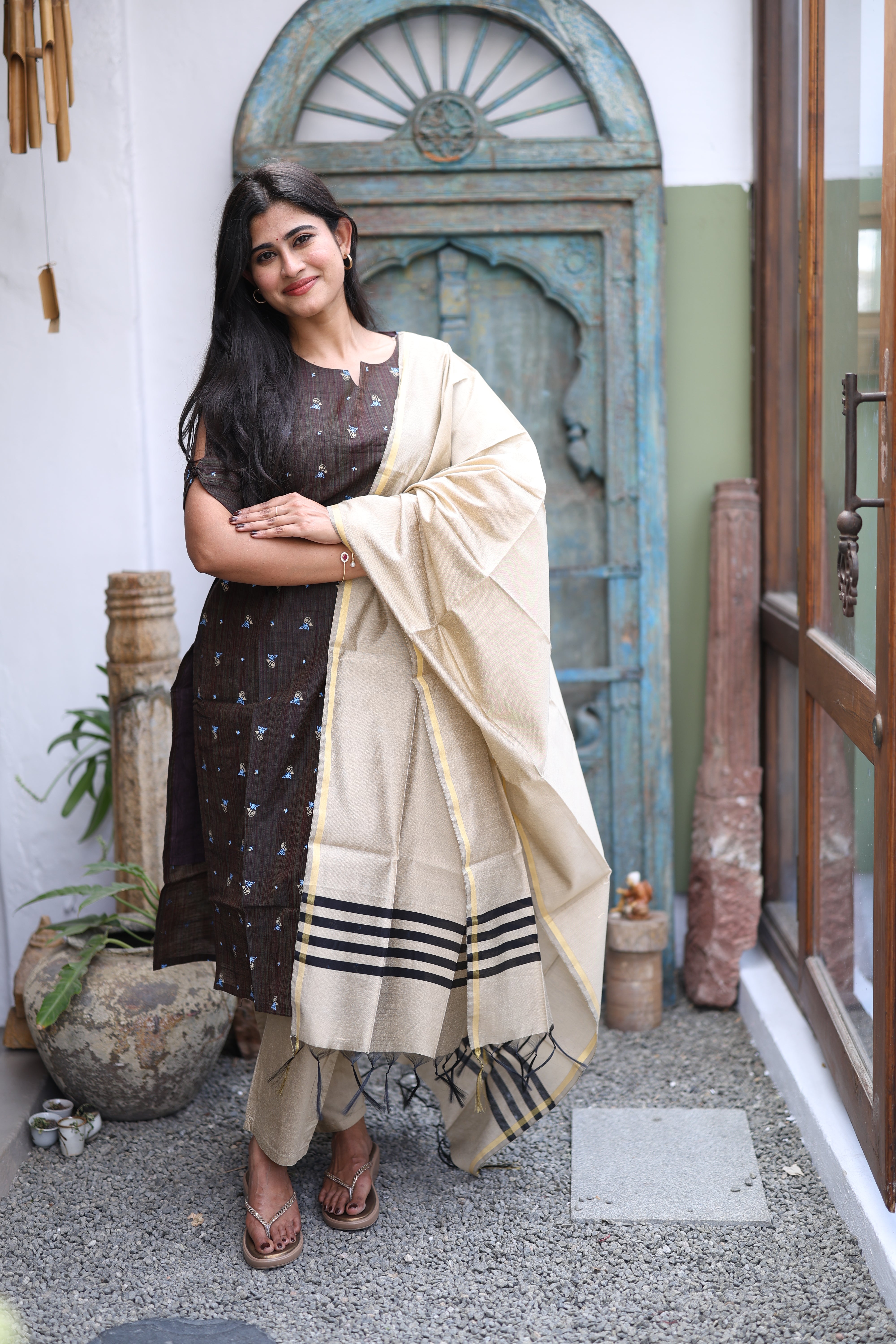 Brown-Premium Raw Silk Printed Salwar Set-(Top,Bottom,Duppatta)- Feeding