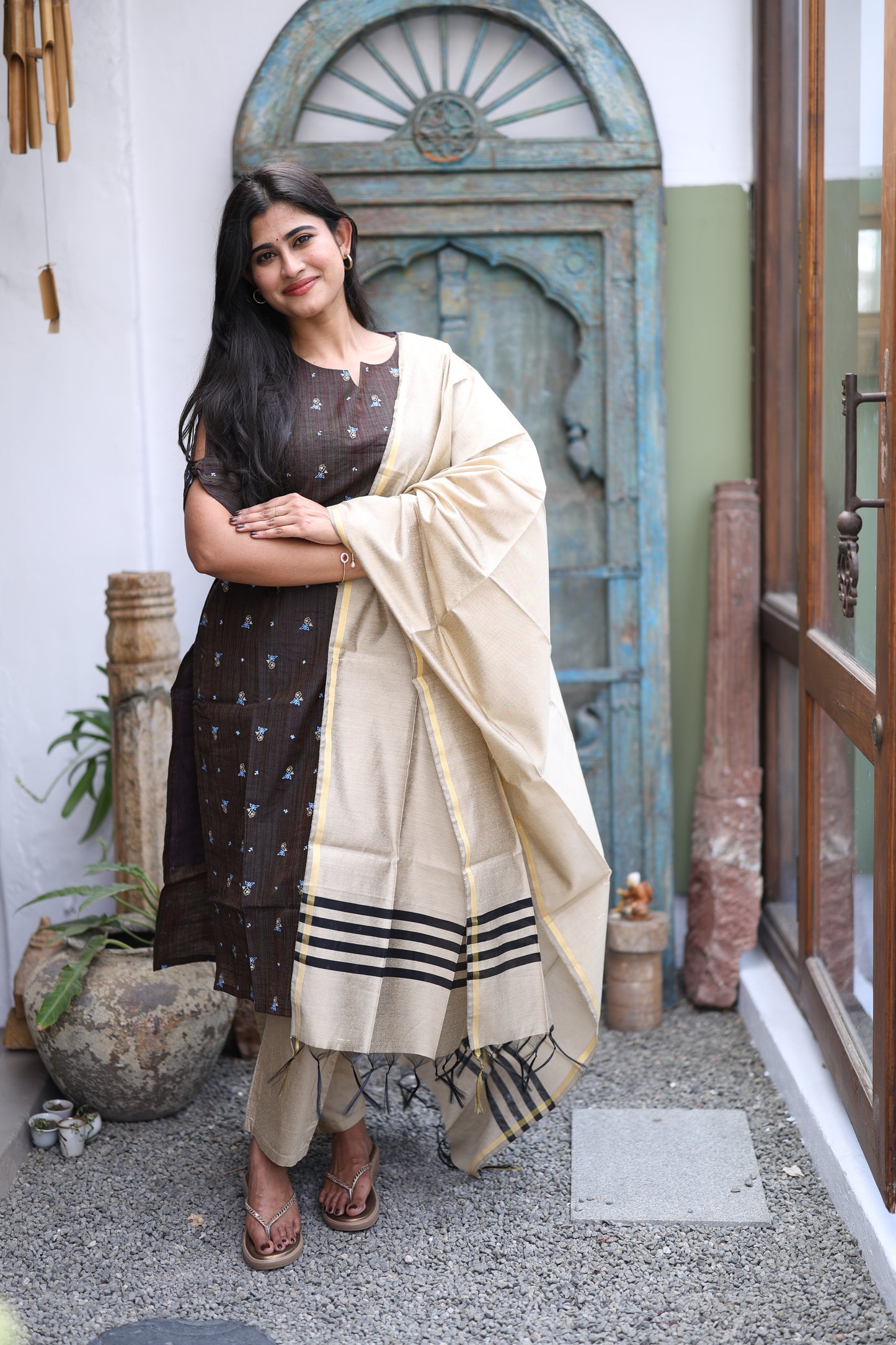 Brown-Premium Raw Silk Printed Salwar Set-(Top,Bottom,Duppatta)- Feeding FC0297