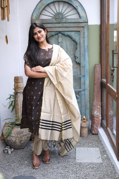 Brown-Premium Raw Silk Printed Salwar Set-(Top,Bottom,Duppatta)- Feeding FC0297