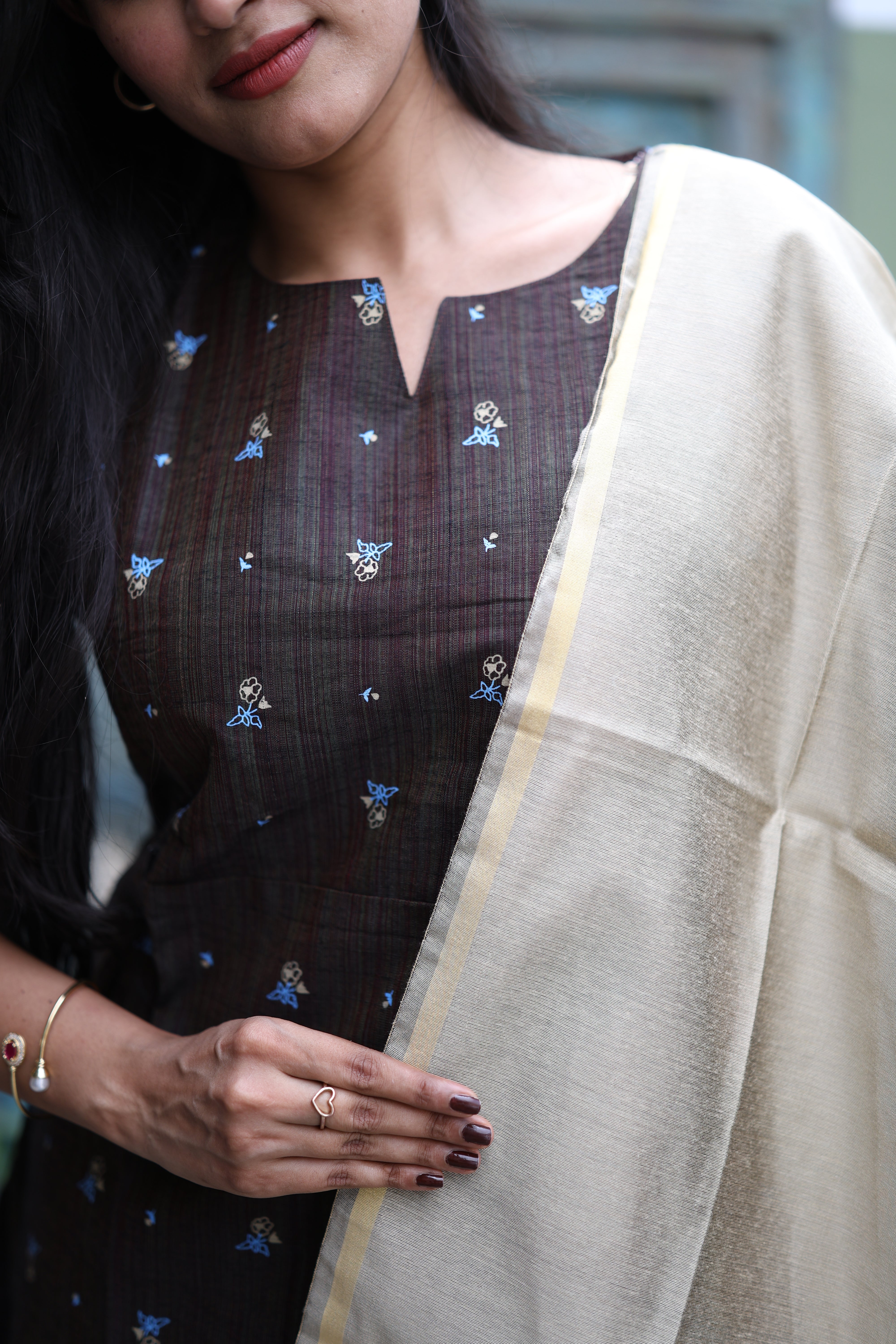 Brown-Premium Raw Silk Printed Salwar Set-(Top,Bottom,Duppatta)- Feeding