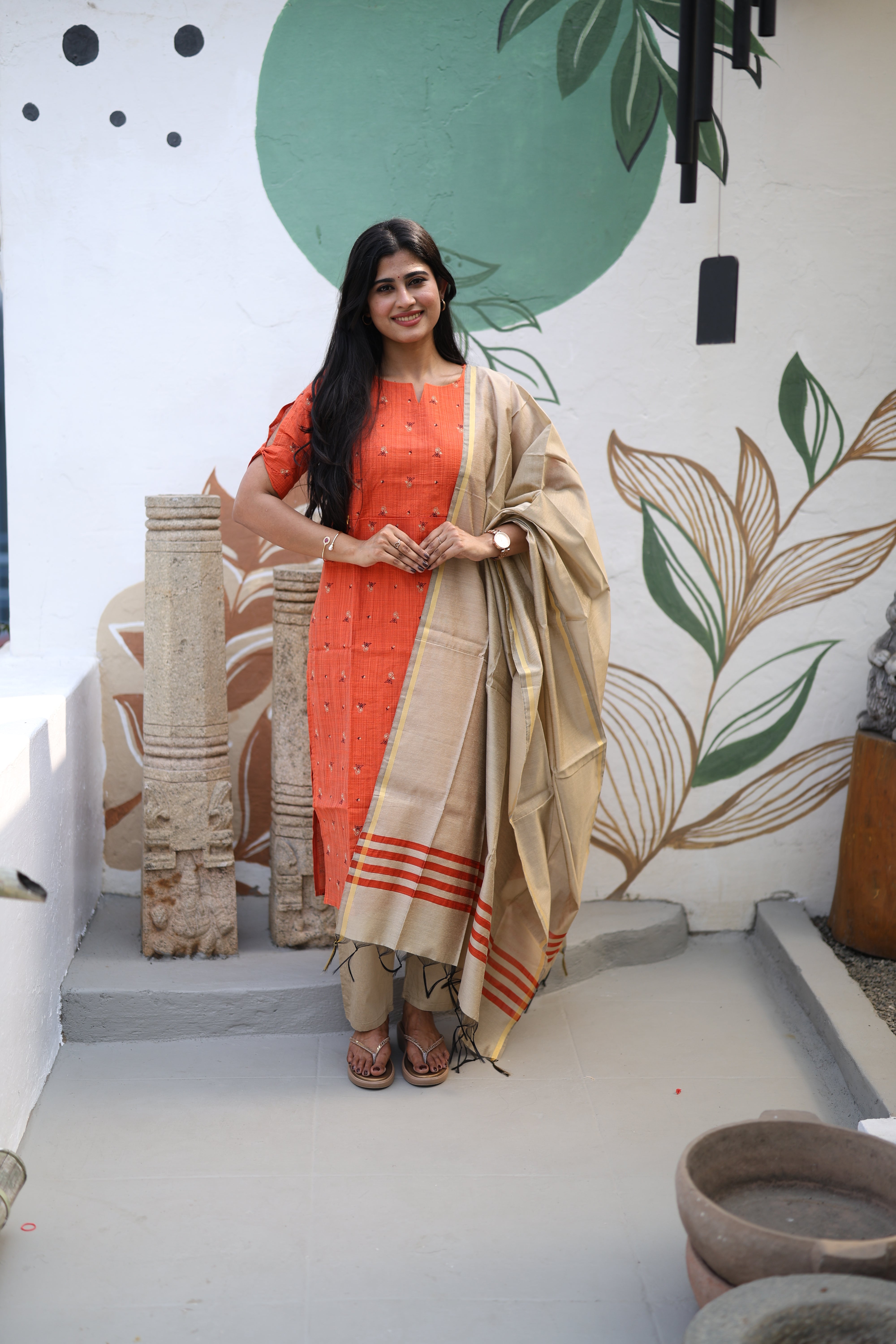 Rust orange Premium Raw Silk Printed Salwar Set-(Top,Bottom,Duppatta)- Feeding