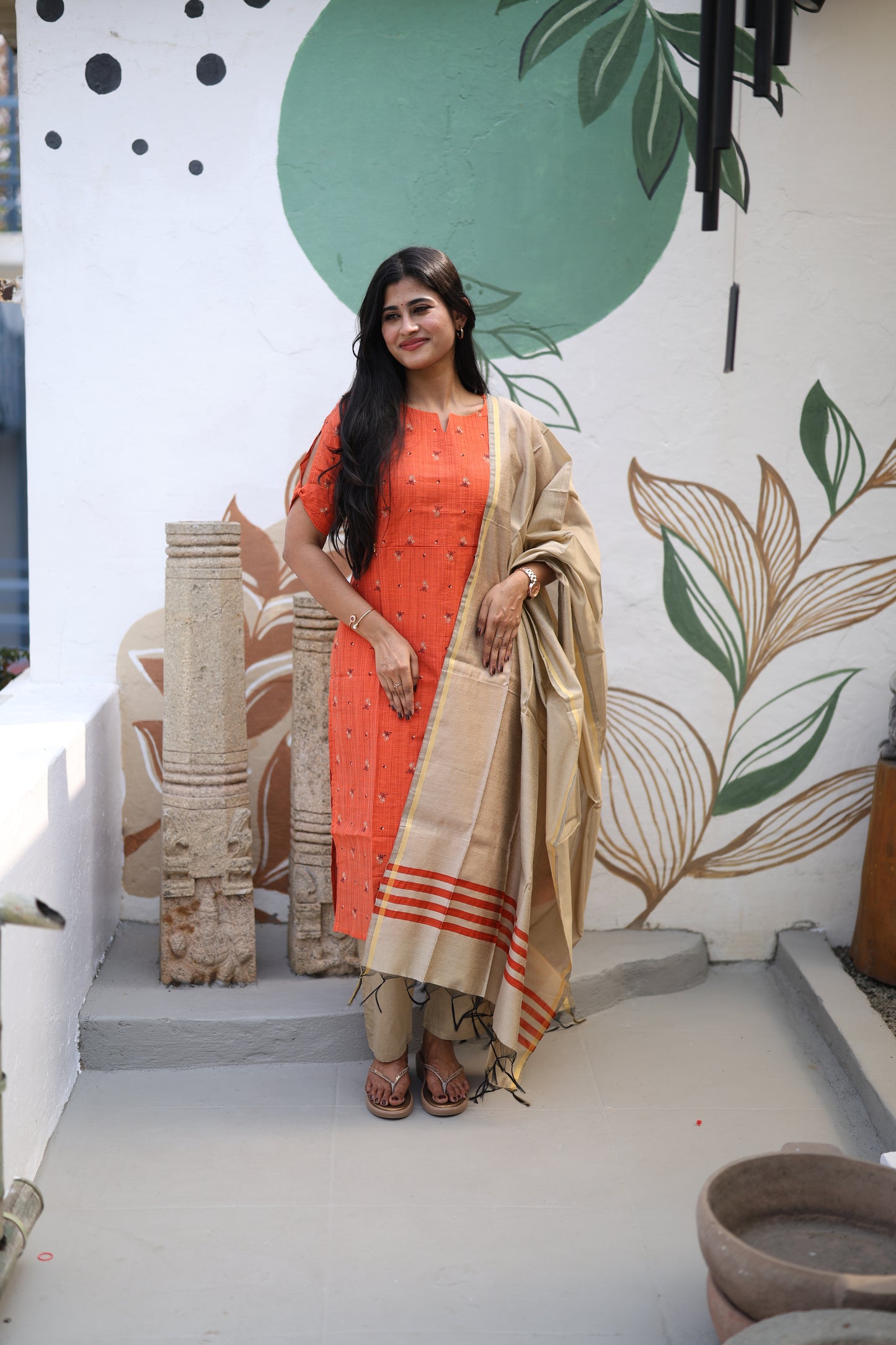 Rust orange Premium Raw Silk Printed Salwar Set-(Top,Bottom,Duppatta)- Feeding FC0299