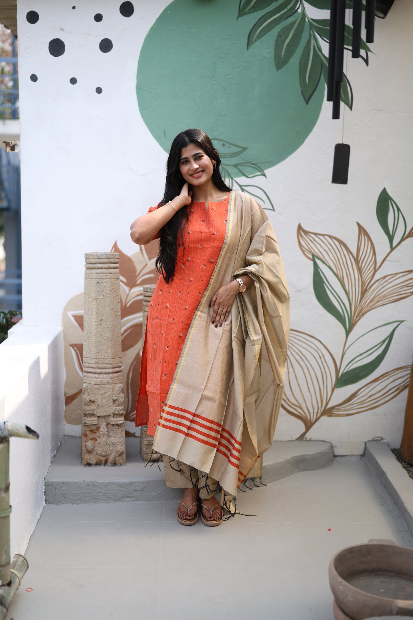 Rust orange Premium Raw Silk Printed Salwar Set-(Top,Bottom,Duppatta)- Feeding FC0299