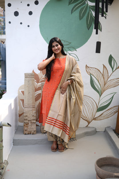 Rust orange Premium Raw Silk Printed Salwar Set-(Top,Bottom,Duppatta)- Feeding FC0299