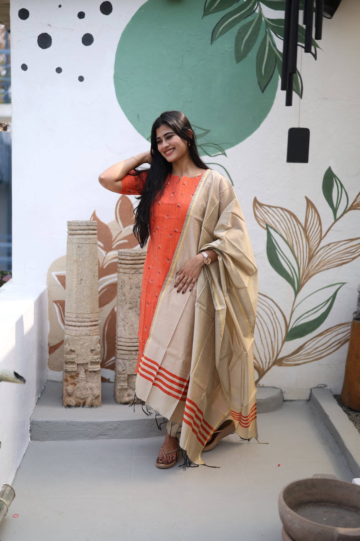 Rust orange Premium Raw Silk Printed Salwar Set-(Top,Bottom,Duppatta)- Feeding FC0299