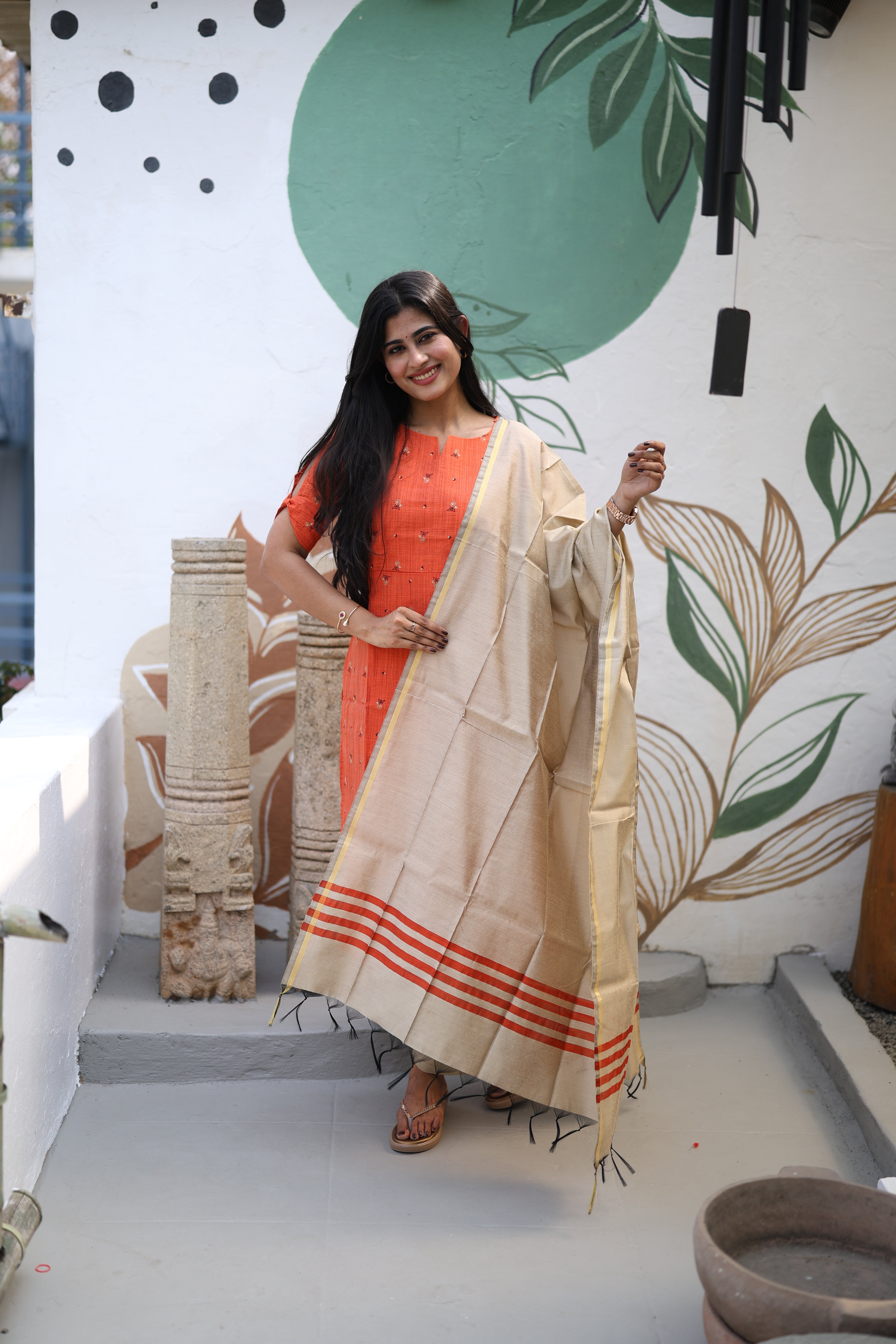 Rust orange Premium Raw Silk Printed Salwar Set-(Top,Bottom,Duppatta)- Feeding