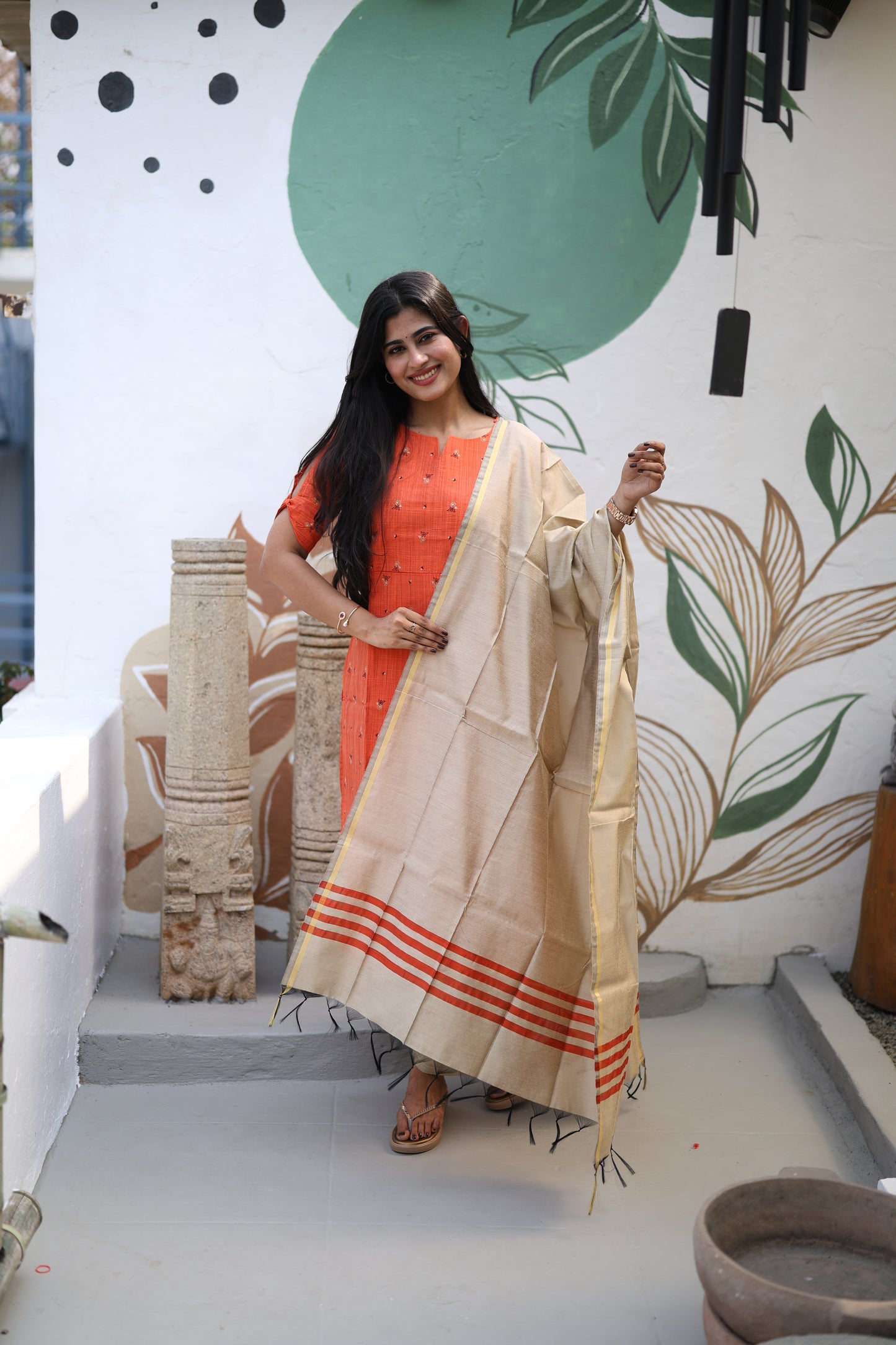 Rust orange Premium Raw Silk Printed Salwar Set-(Top,Bottom,Duppatta)- Feeding FC0299