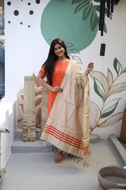 Rust orange Premium Raw Silk Printed Salwar Set-(Top,Bottom,Duppatta)- Feeding FC0299