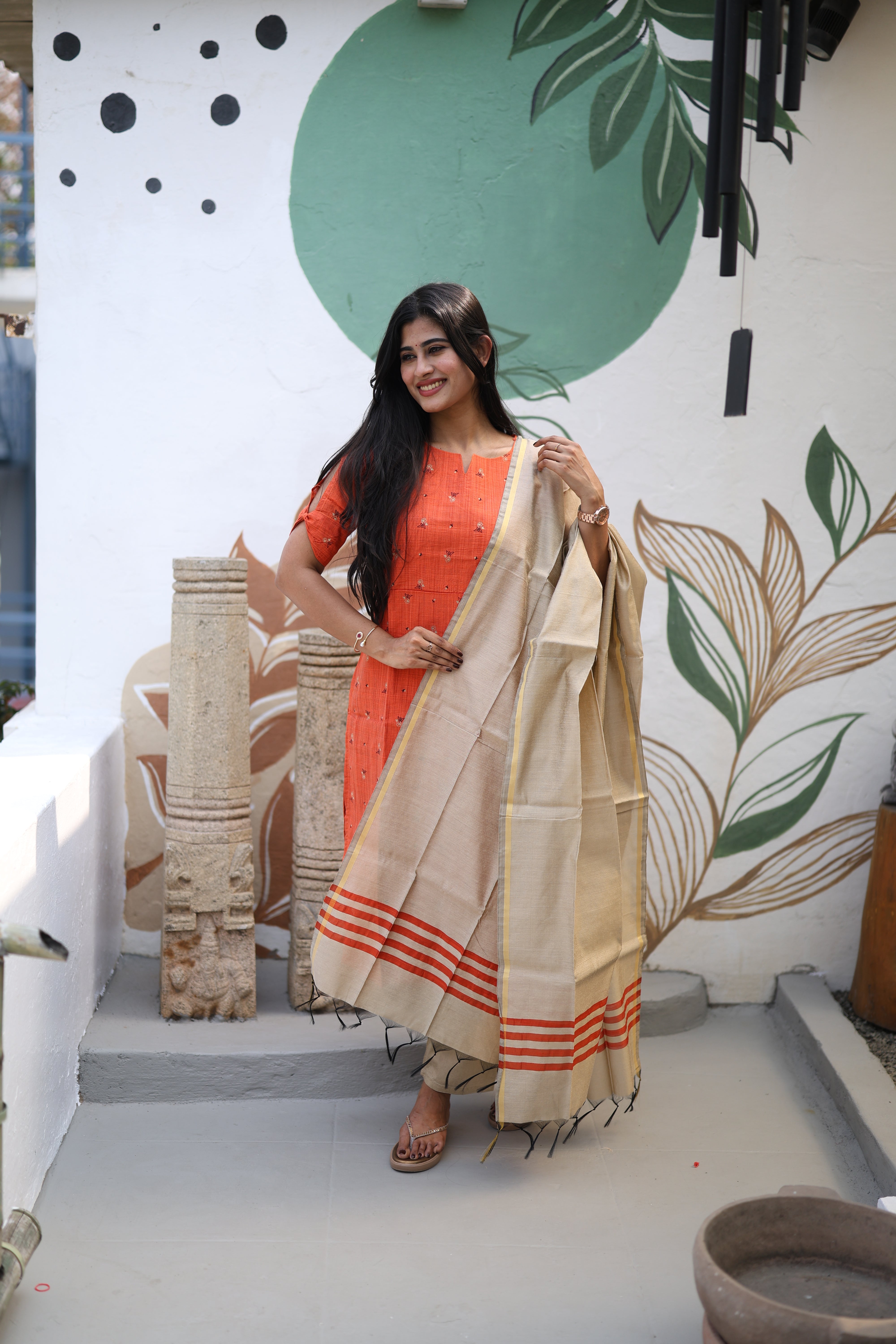 Rust orange Premium Raw Silk Printed Salwar Set-(Top,Bottom,Duppatta)- Feeding
