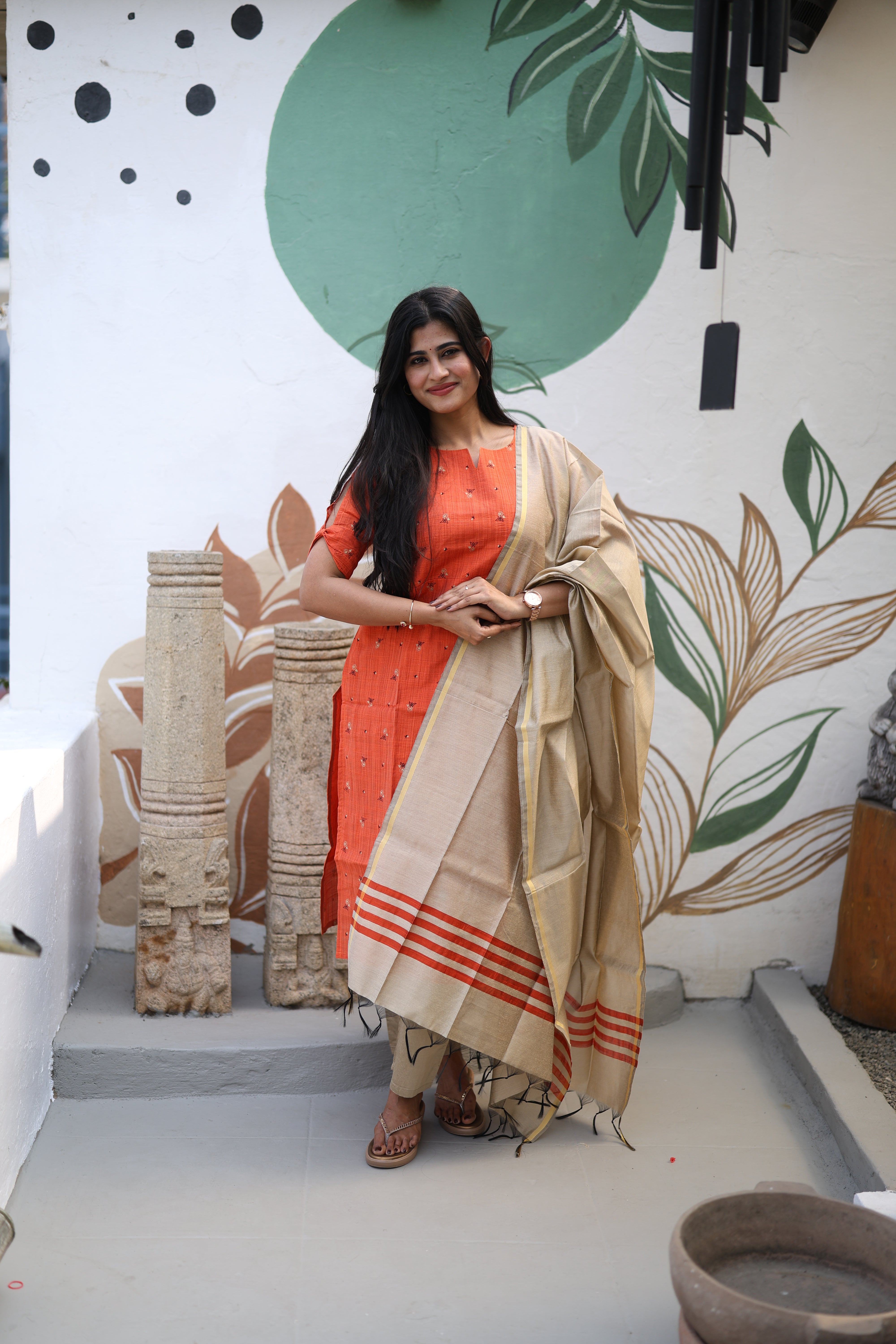 Rust orange Premium Raw Silk Printed Salwar Set-(Top,Bottom,Duppatta)- Feeding