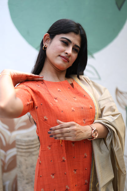 Rust orange Premium Raw Silk Printed Salwar Set-(Top,Bottom,Duppatta)- Feeding FC0299