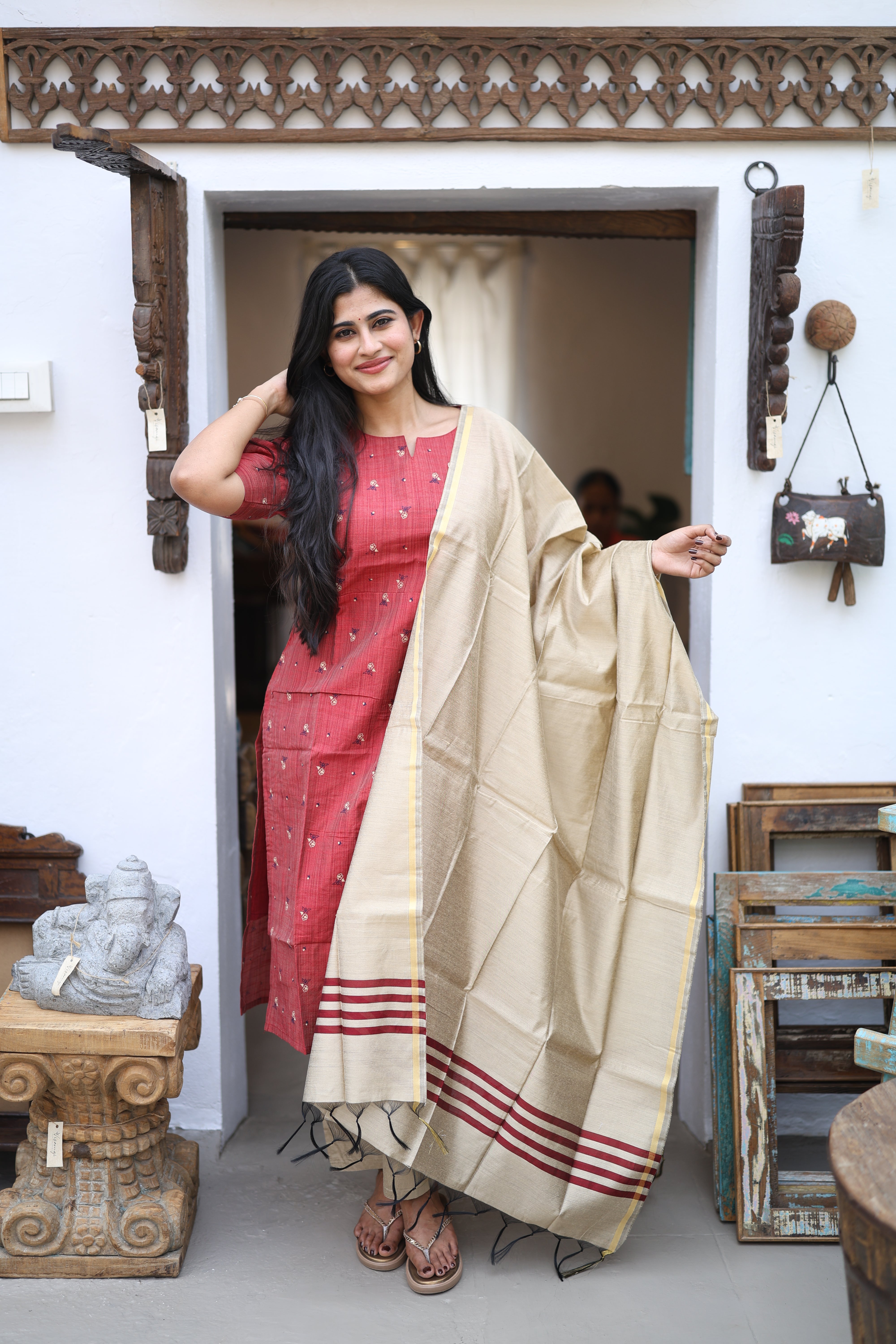 Maroon-Premium Raw Silk Printed Salwar Set-(Top,Bottom,Duppatta)- Feeding