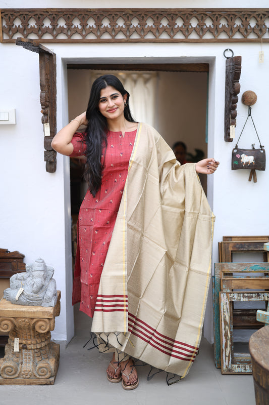 Maroon-Premium Raw Silk Printed Salwar Set-(Top,Bottom,Duppatta)- Feeding FC0300