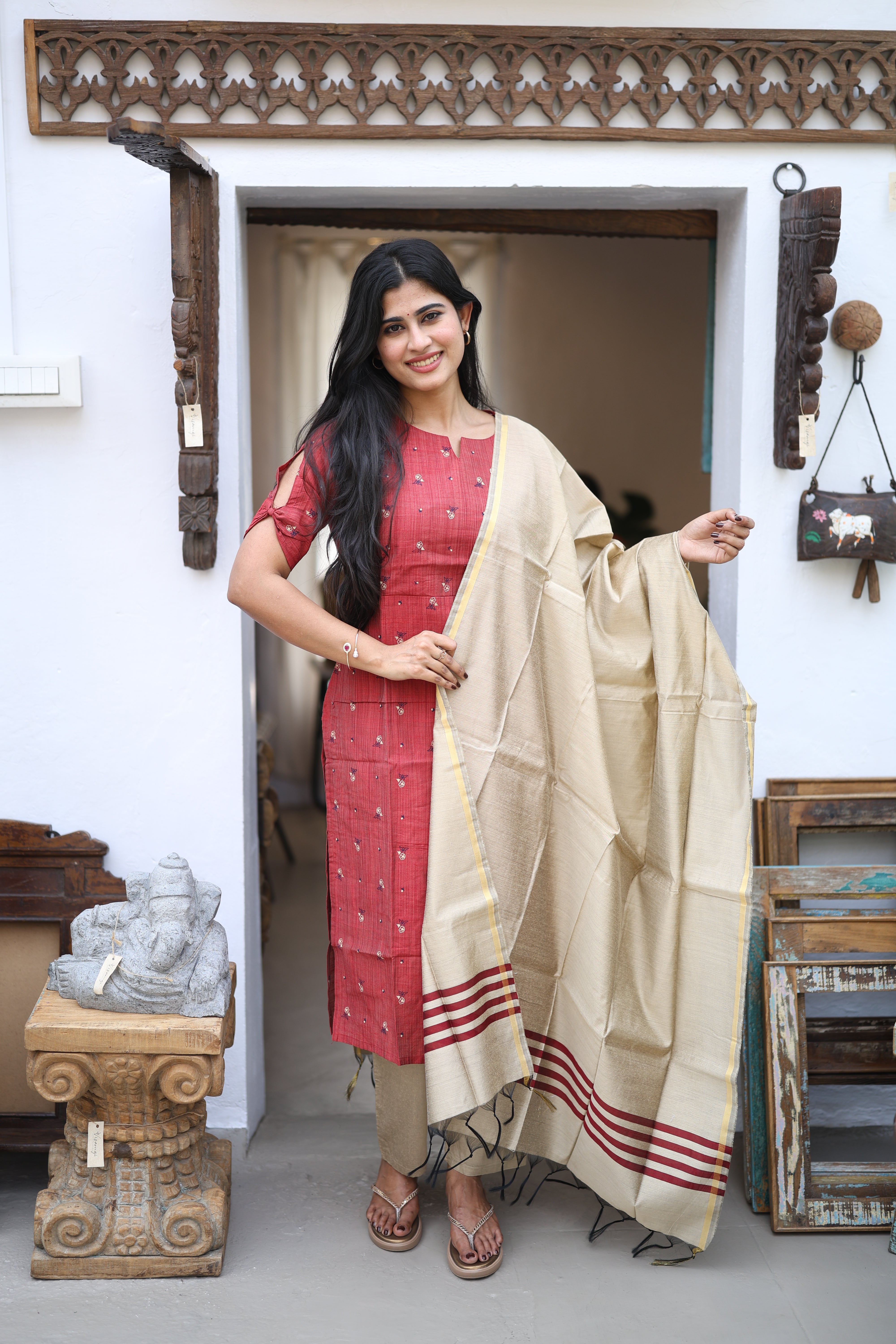 Maroon-Premium Raw Silk Printed Salwar Set-(Top,Bottom,Duppatta)- Feeding