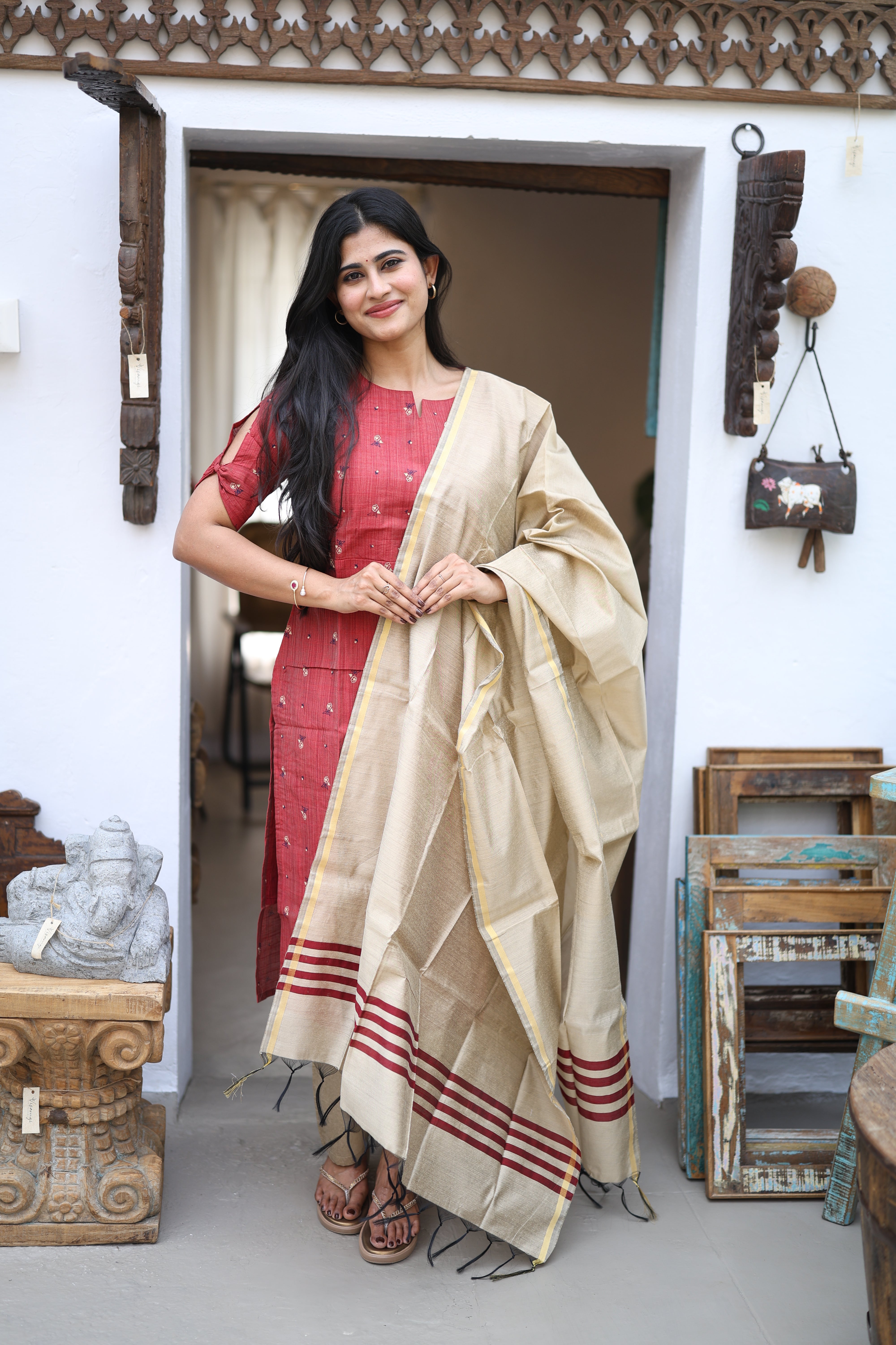 Maroon-Premium Raw Silk Printed Salwar Set-(Top,Bottom,Duppatta)- Feeding