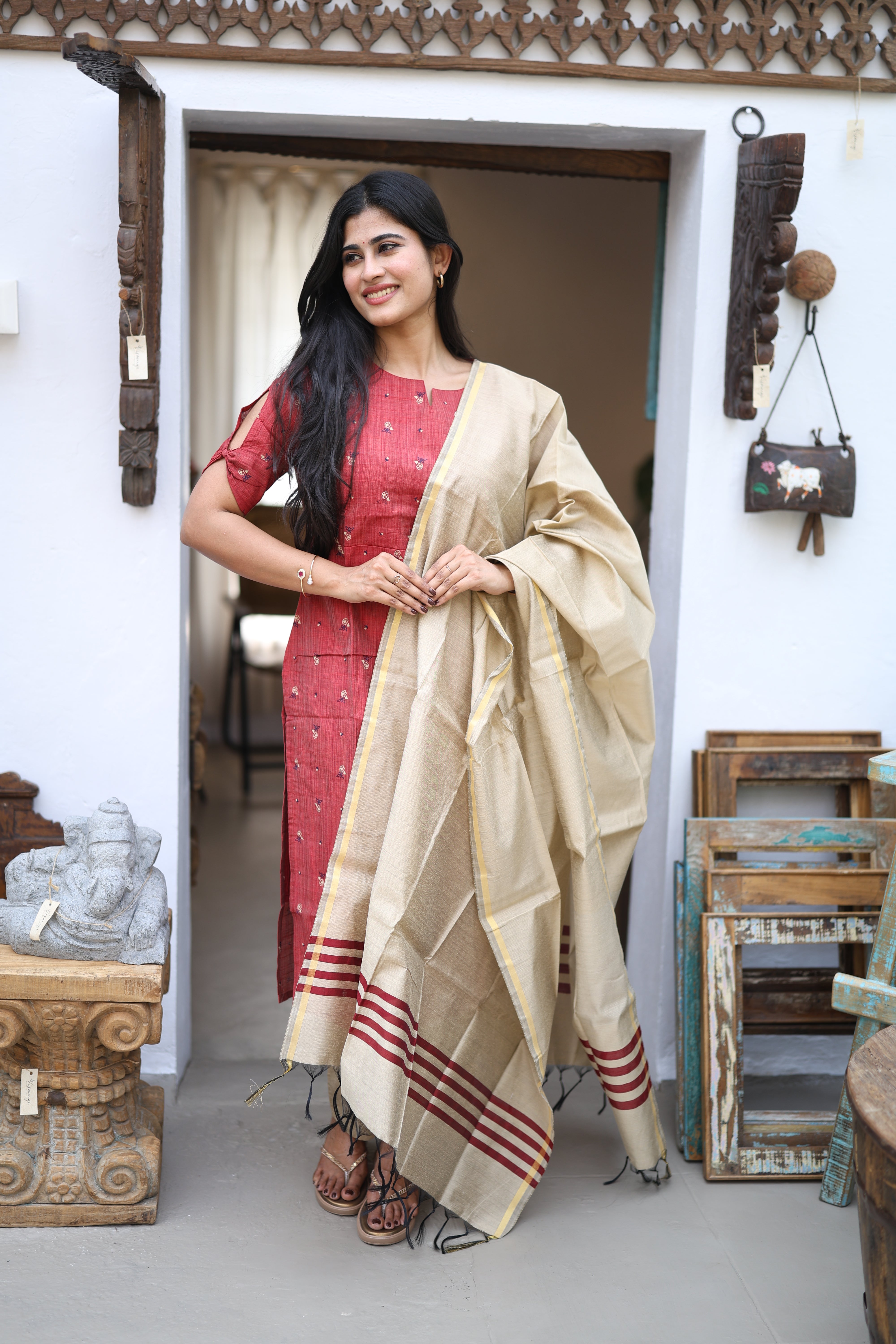 Maroon-Premium Raw Silk Printed Salwar Set-(Top,Bottom,Duppatta)- Feeding