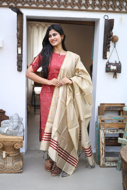 Maroon-Premium Raw Silk Printed Salwar Set-(Top,Bottom,Duppatta)- Feeding FC0300