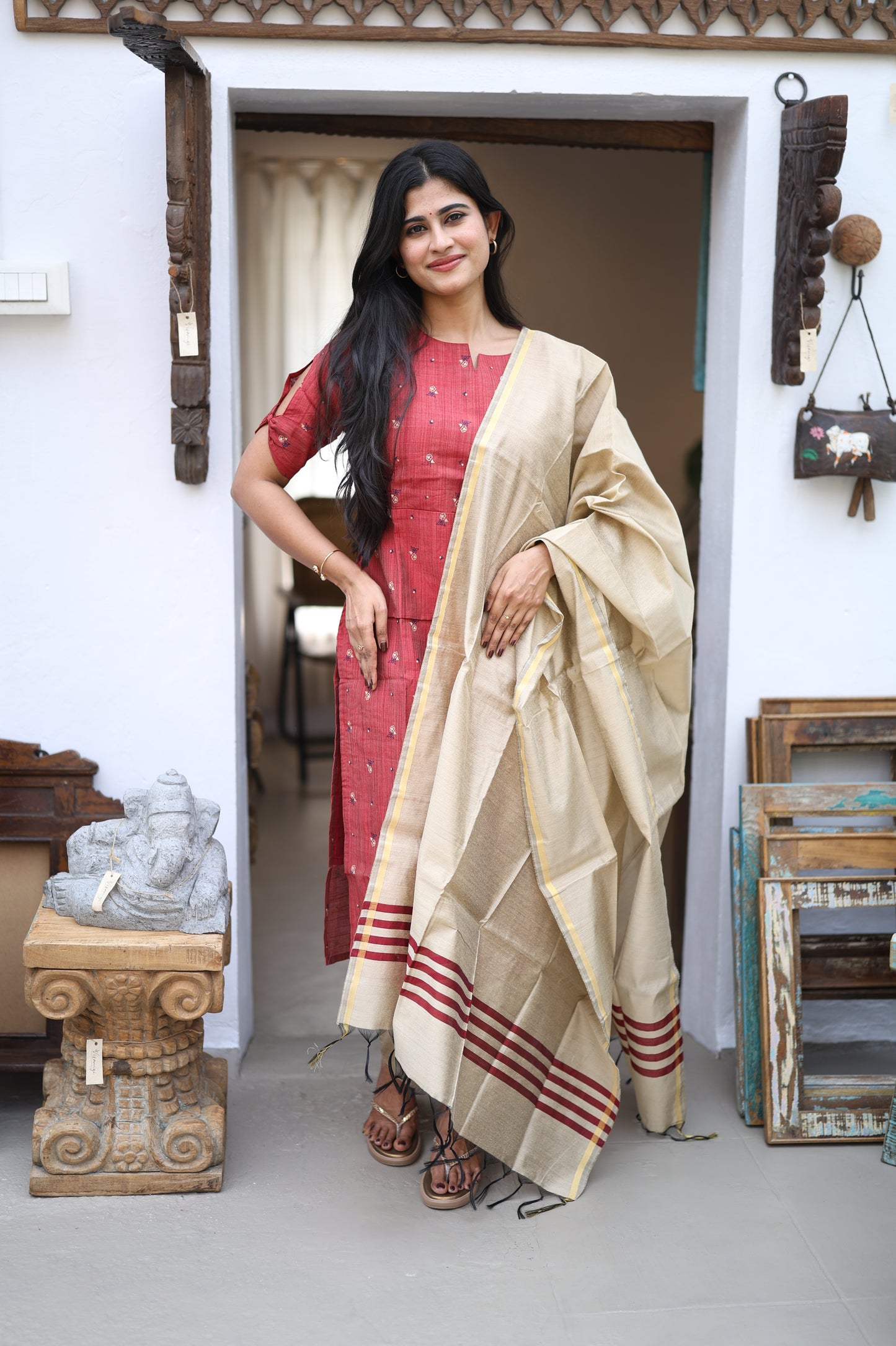 Maroon-Premium Raw Silk Printed Salwar Set-(Top,Bottom,Duppatta)- Feeding FC0300