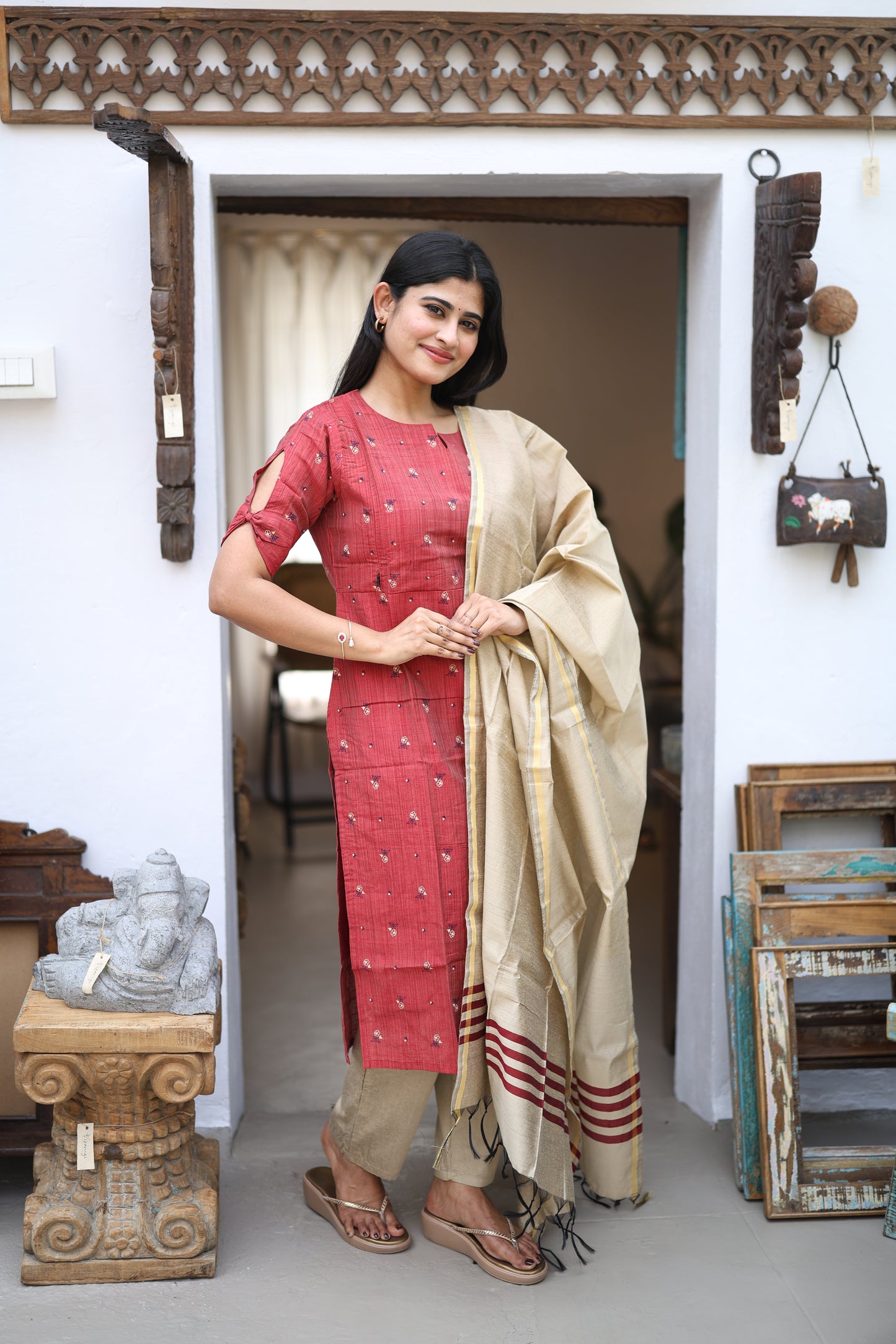 Maroon-Premium Raw Silk Printed Salwar Set-(Top,Bottom,Duppatta)- Feeding FC0300