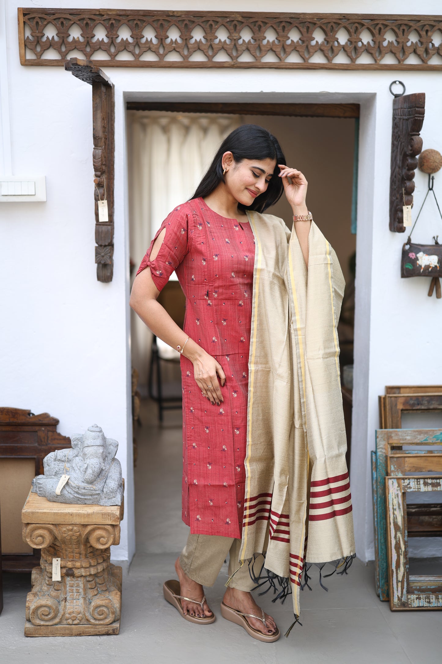 Maroon-Premium Raw Silk Printed Salwar Set-(Top,Bottom,Duppatta)- Feeding FC0300