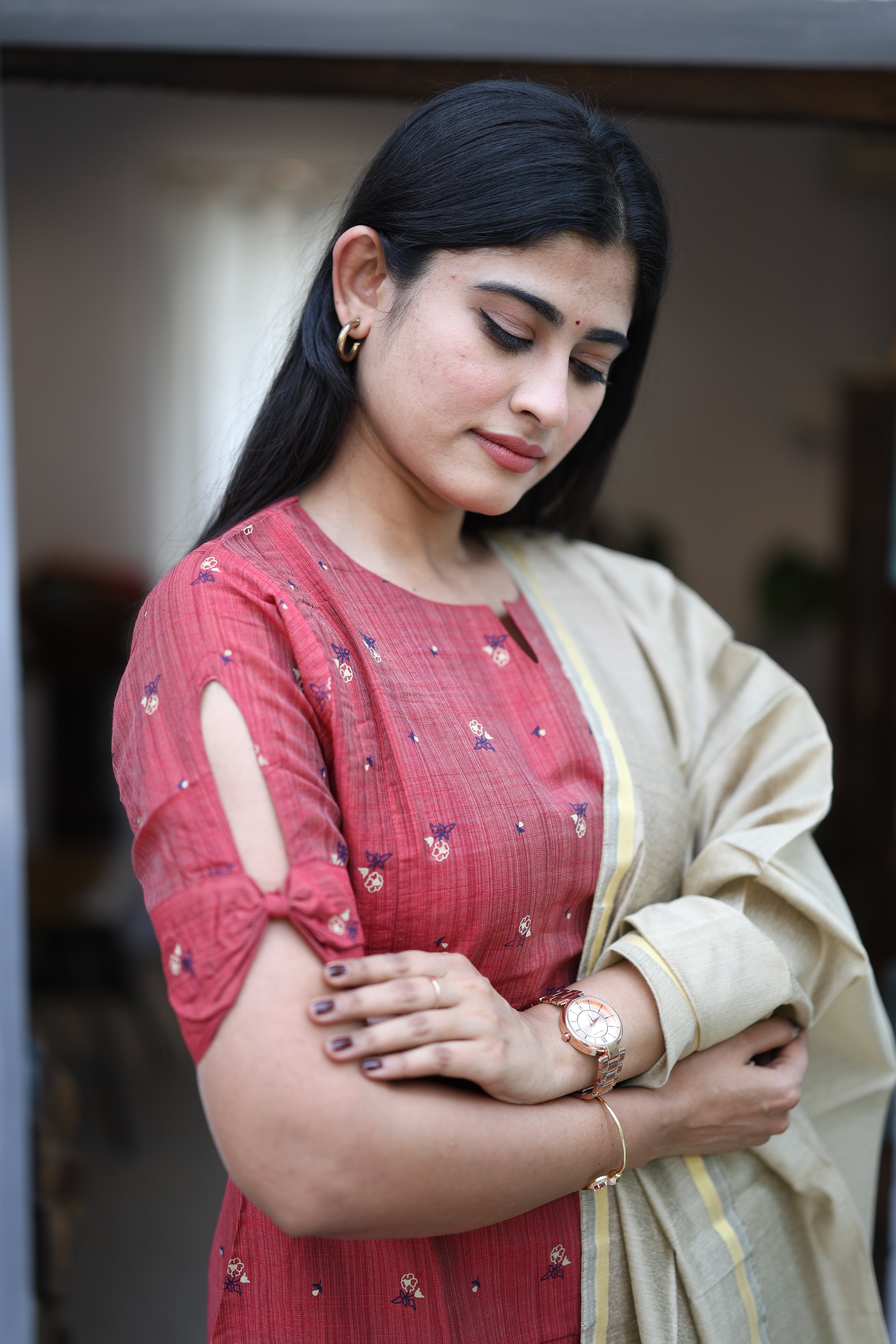 Maroon-Premium Raw Silk Printed Salwar Set-(Top,Bottom,Duppatta)- Feeding