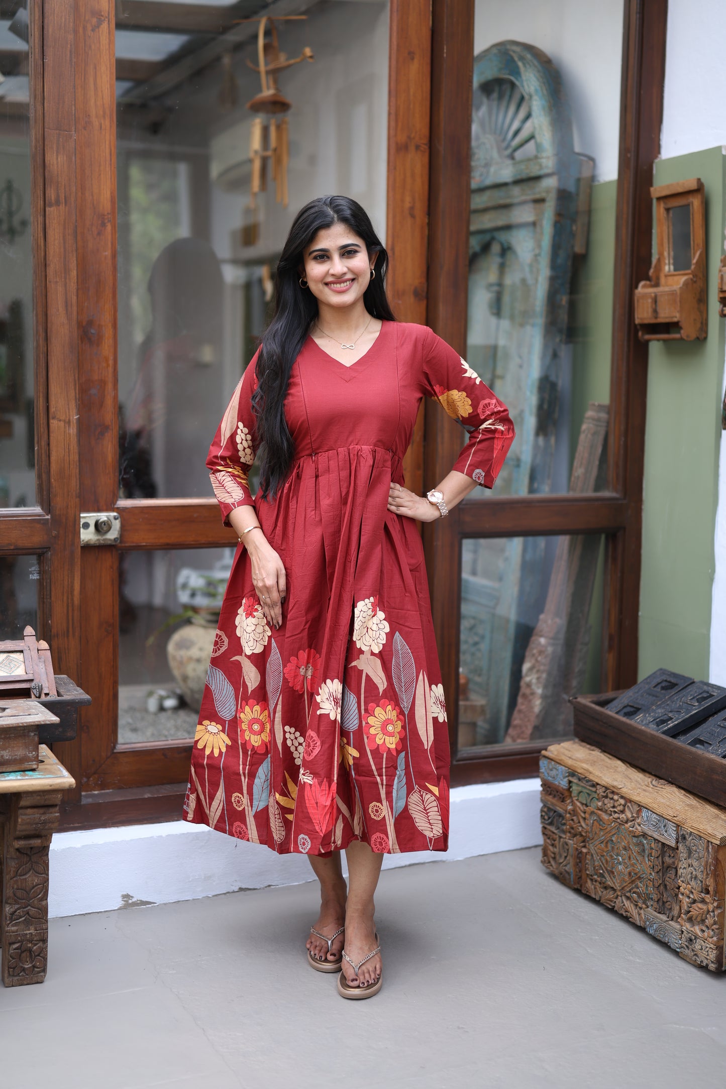 Mehroon-Premium Cotton Daman Print Fabric  Maxi with Cotton lining FC0044