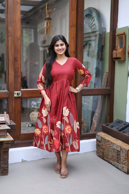 Mehroon-Premium Cotton Daman Print Fabric  Maxi with Cotton lining FC0044
