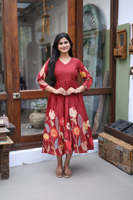 Mehroon-Premium Cotton Daman Print Fabric  Maxi with Cotton lining FC0044