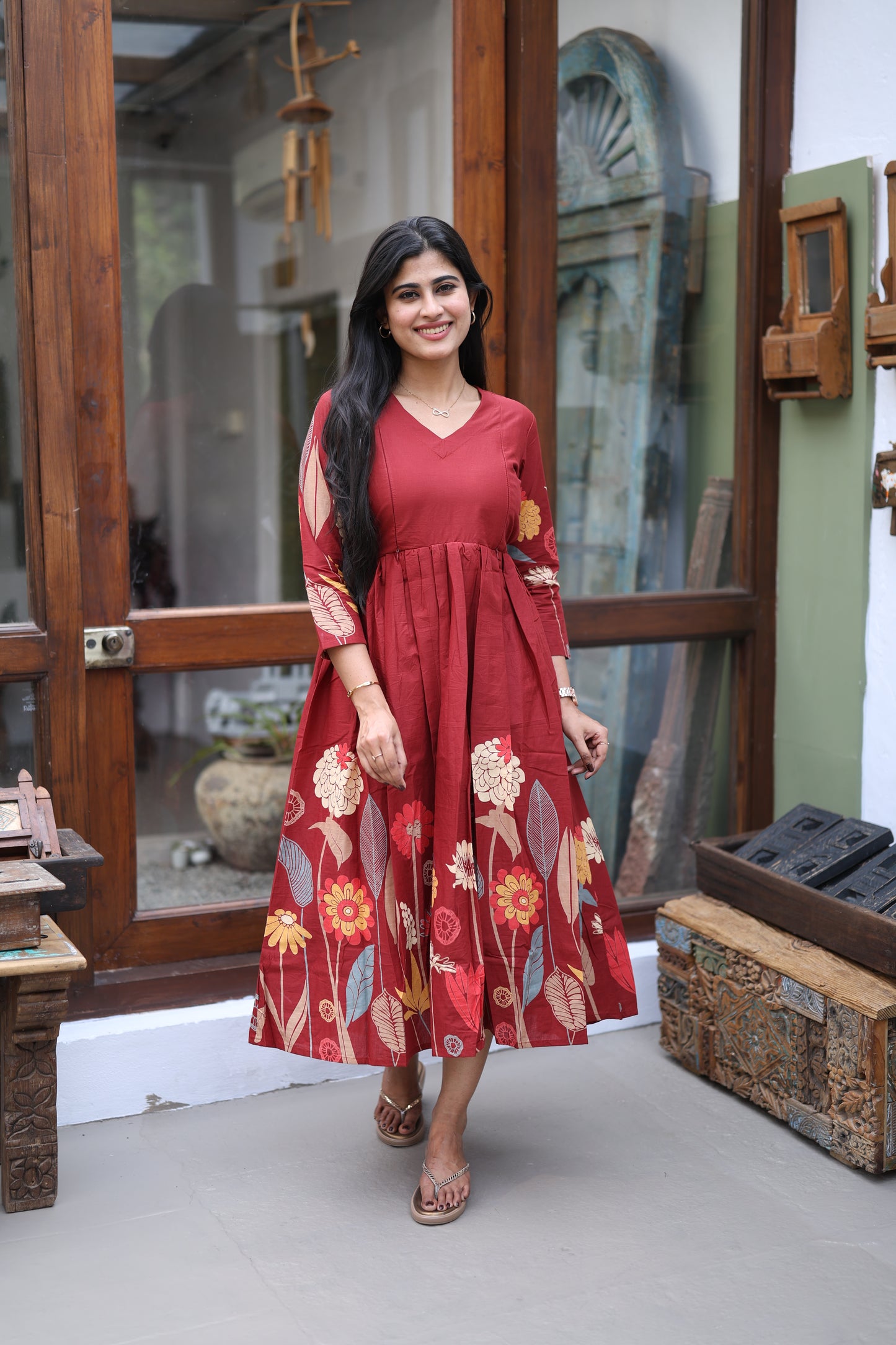 Mehroon-Premium Cotton Daman Print Fabric  Maxi with Cotton lining FC0044