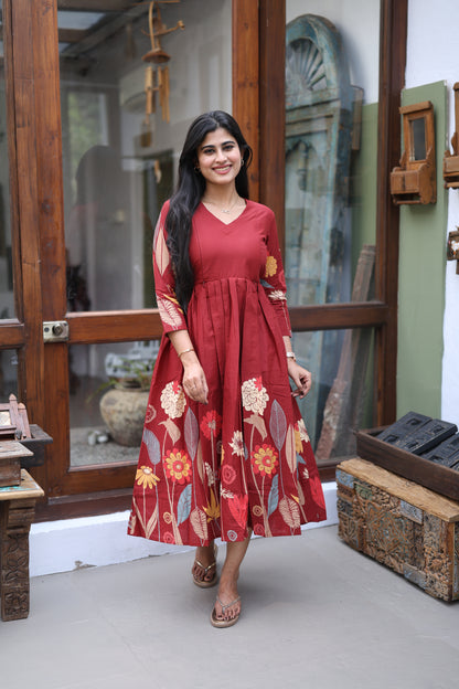 Mehroon-Premium Cotton Daman Print Fabric  Maxi with Cotton lining FC0044