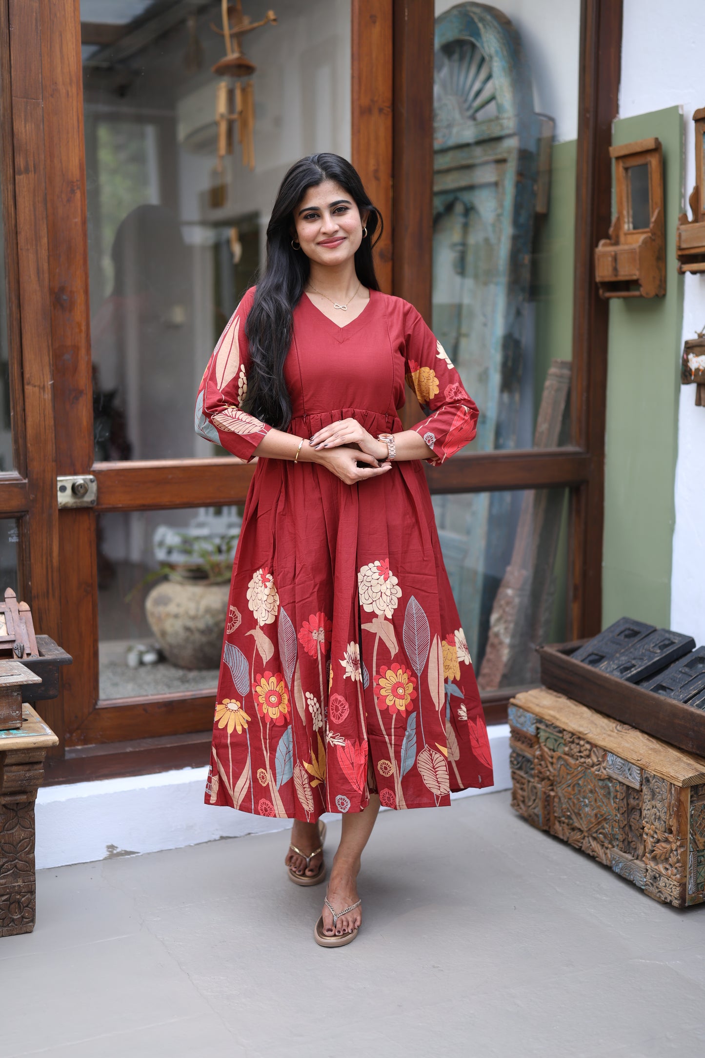 Mehroon-Premium Cotton Daman Print Fabric  Maxi with Cotton lining FC0044
