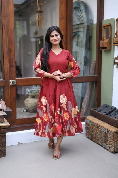 Mehroon-Premium Cotton Daman Print Fabric  Maxi with Cotton lining FC0044