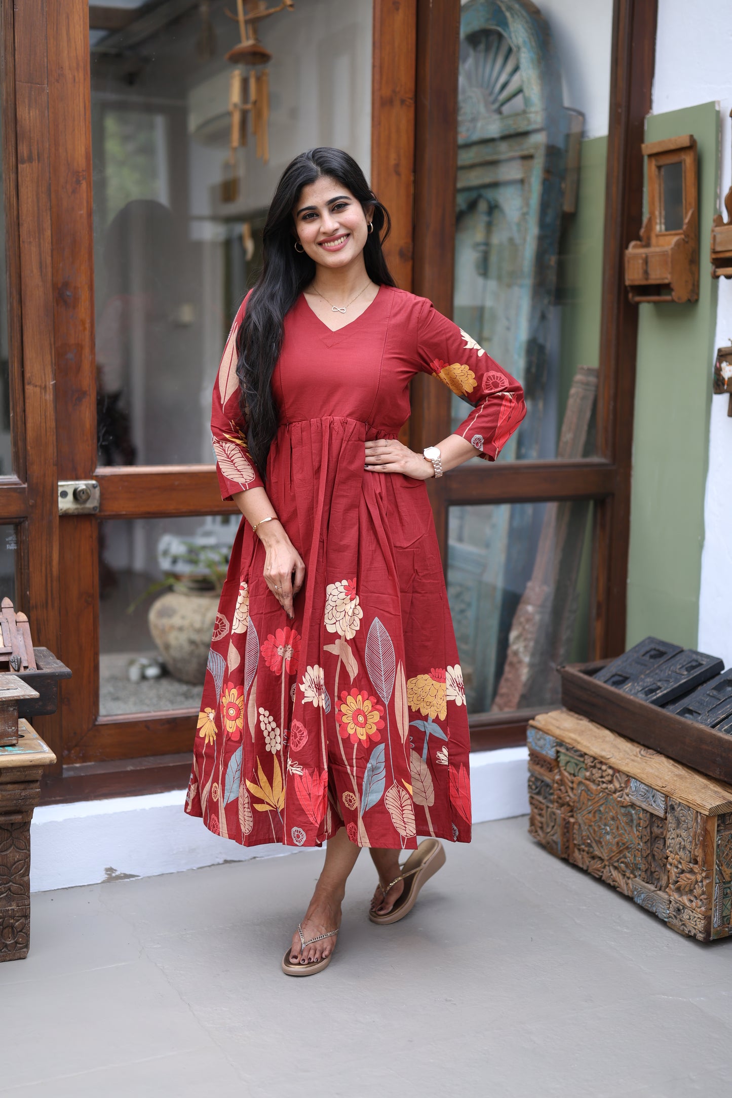 Mehroon-Premium Cotton Daman Print Fabric  Maxi with Cotton lining FC0044