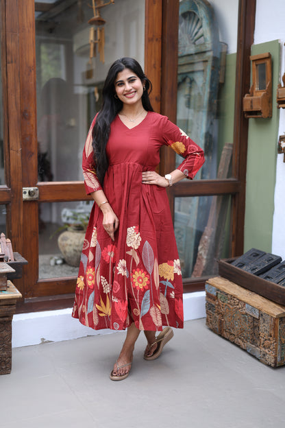 Mehroon-Premium Cotton Daman Print Fabric  Maxi with Cotton lining FC0044