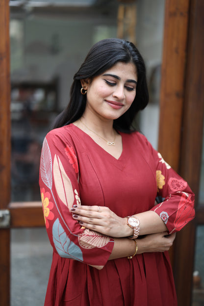 Mehroon-Premium Cotton Daman Print Fabric  Maxi with Cotton lining FC0044