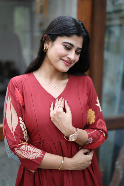 Mehroon-Premium Cotton Daman Print Fabric  Maxi with Cotton lining FC0044