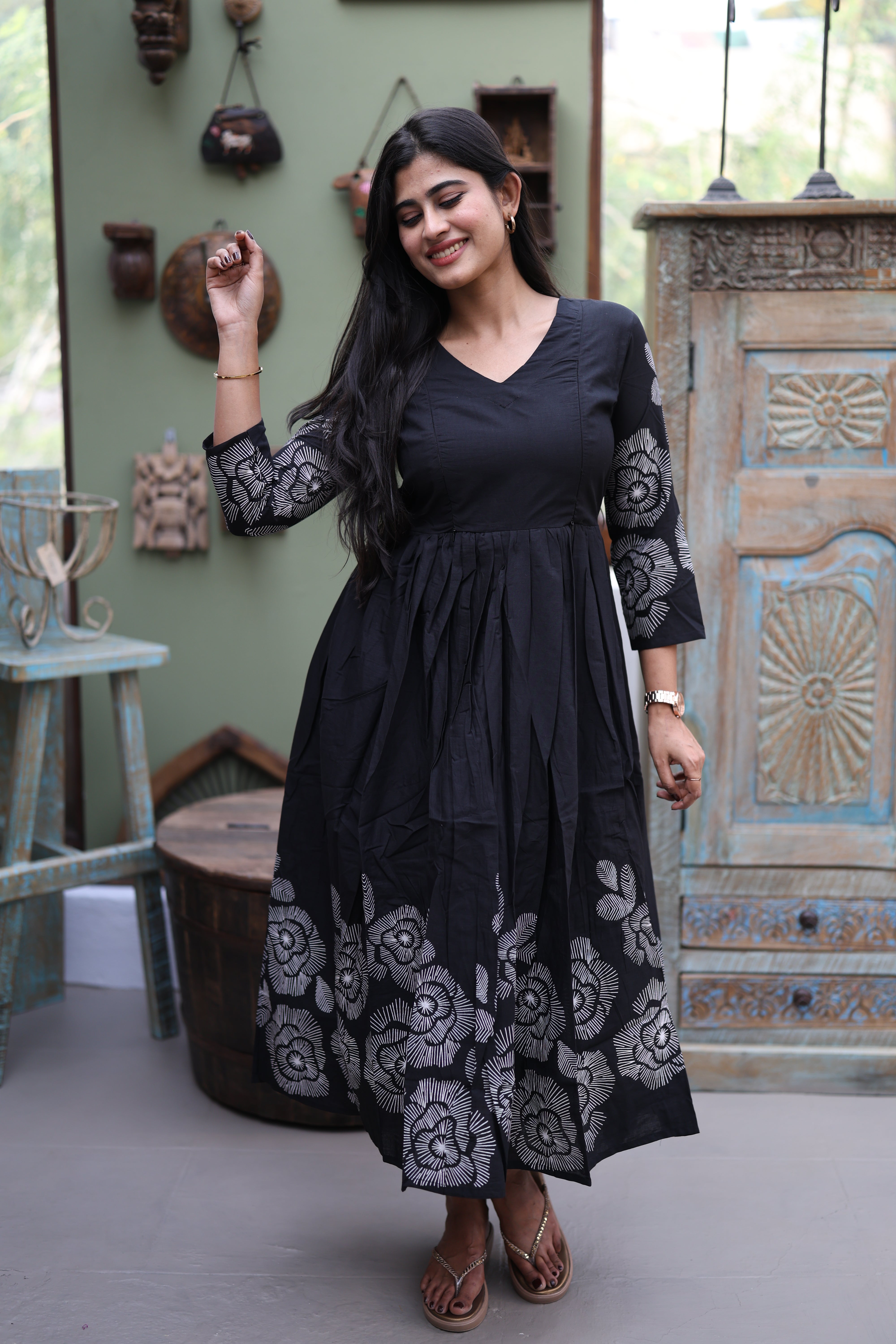 Black- Premium Cotton Daman Print Fabric  Maxi with Cotton lining 029