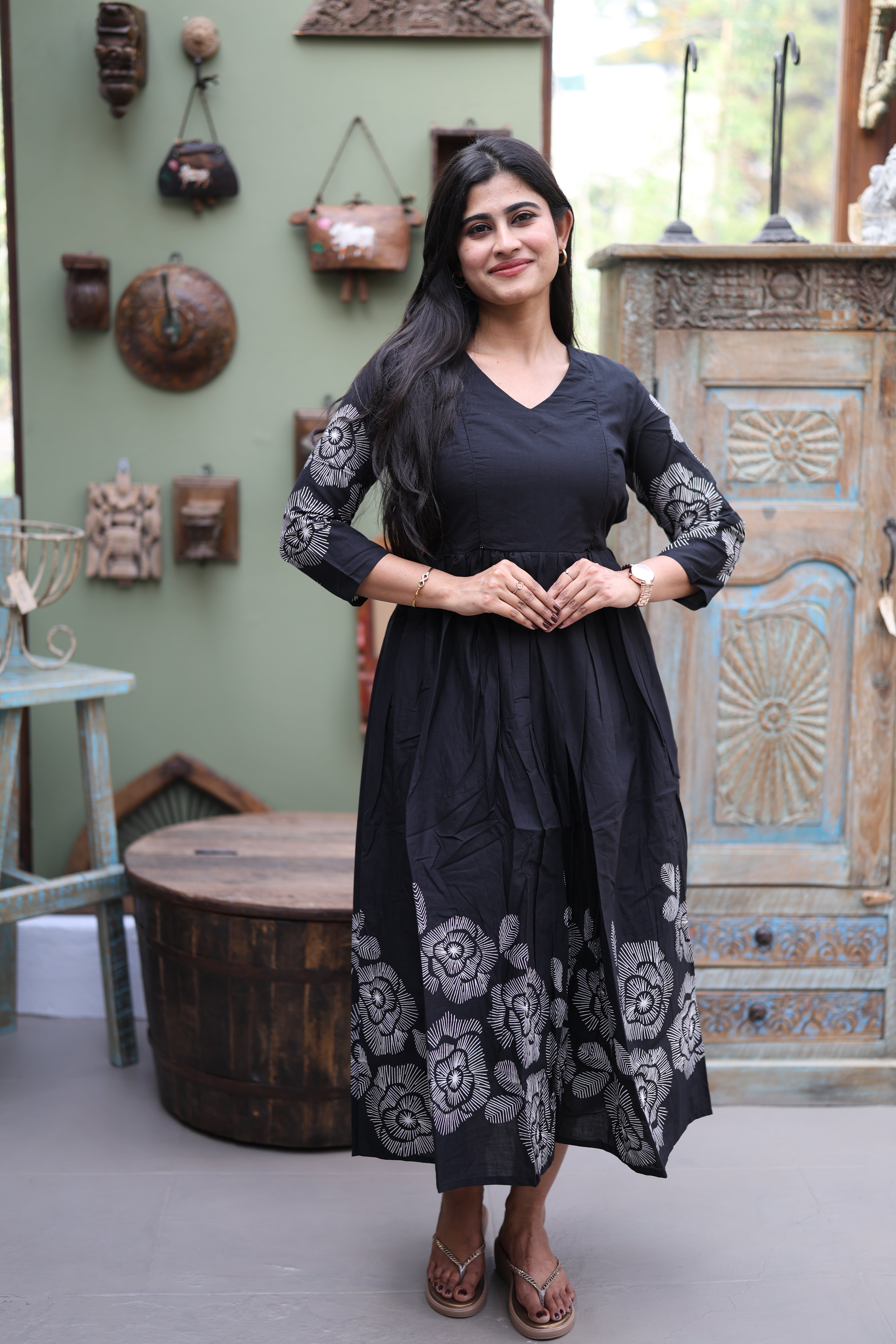 Black- Premium Cotton Daman Print Fabric  Maxi with Cotton lining 029