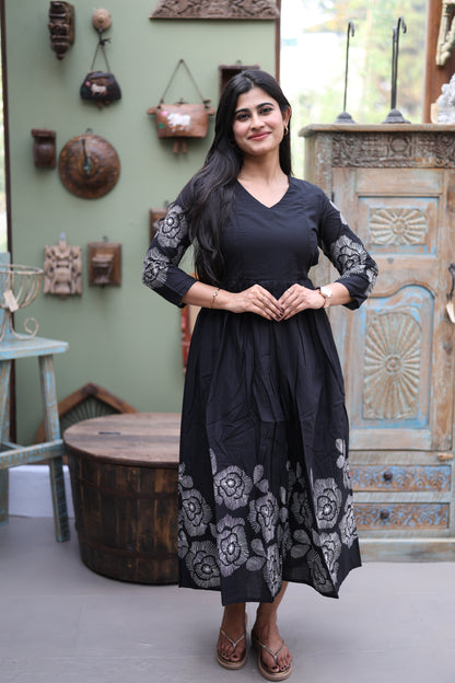 Black- Premium Cotton Daman Print Fabric  Maxi with Cotton lining FC0040