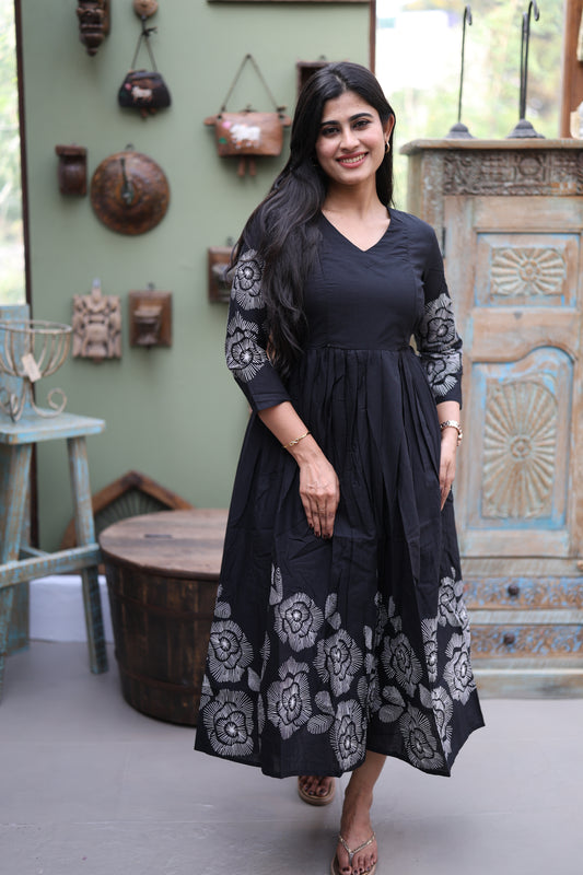 Black- Premium Cotton Daman Print Fabric  Maxi with Cotton lining FC0040