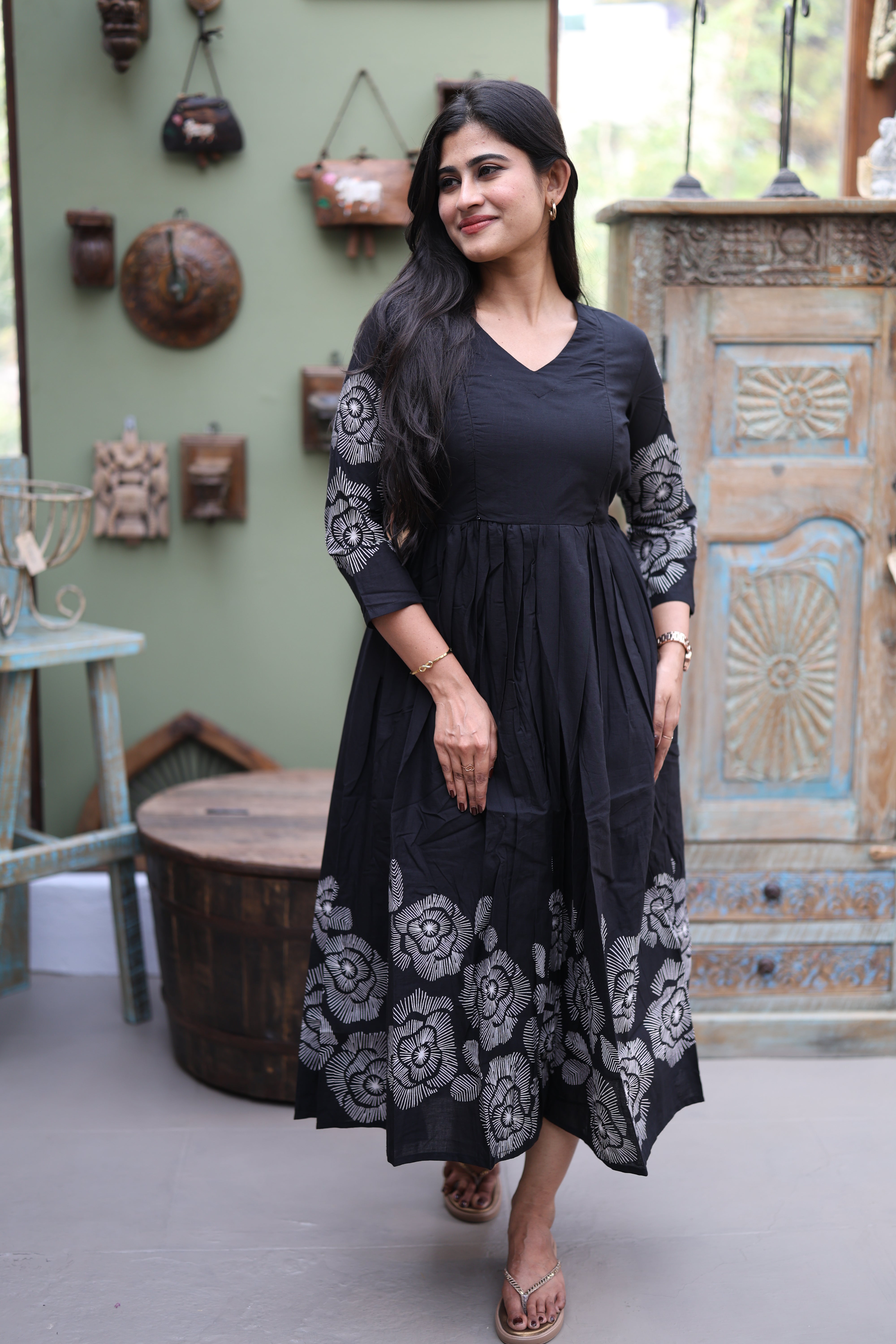 Black- Premium Cotton Daman Print Fabric  Maxi with Cotton lining 029