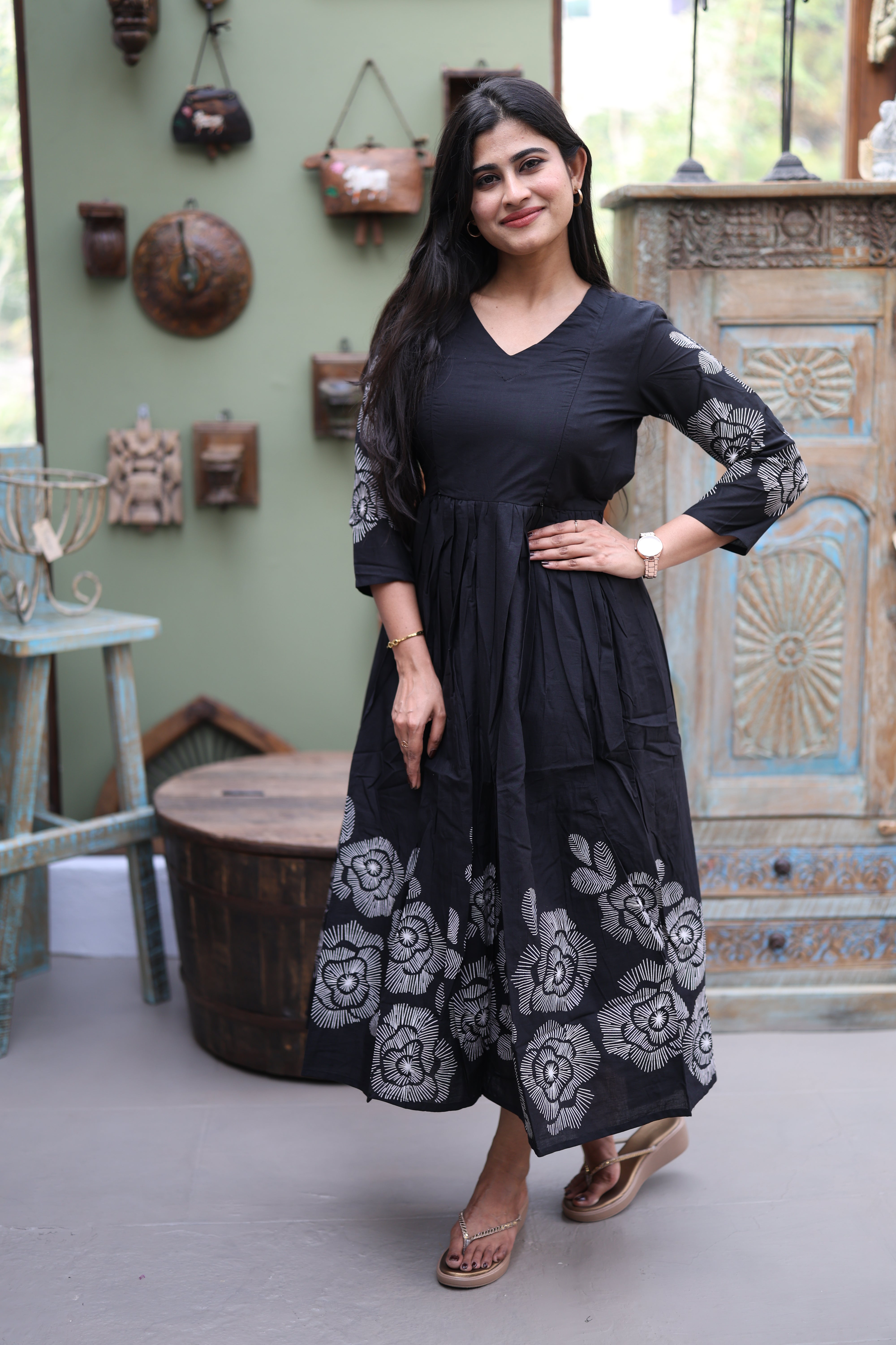 Black- Premium Cotton Daman Print Fabric  Maxi with Cotton lining 029