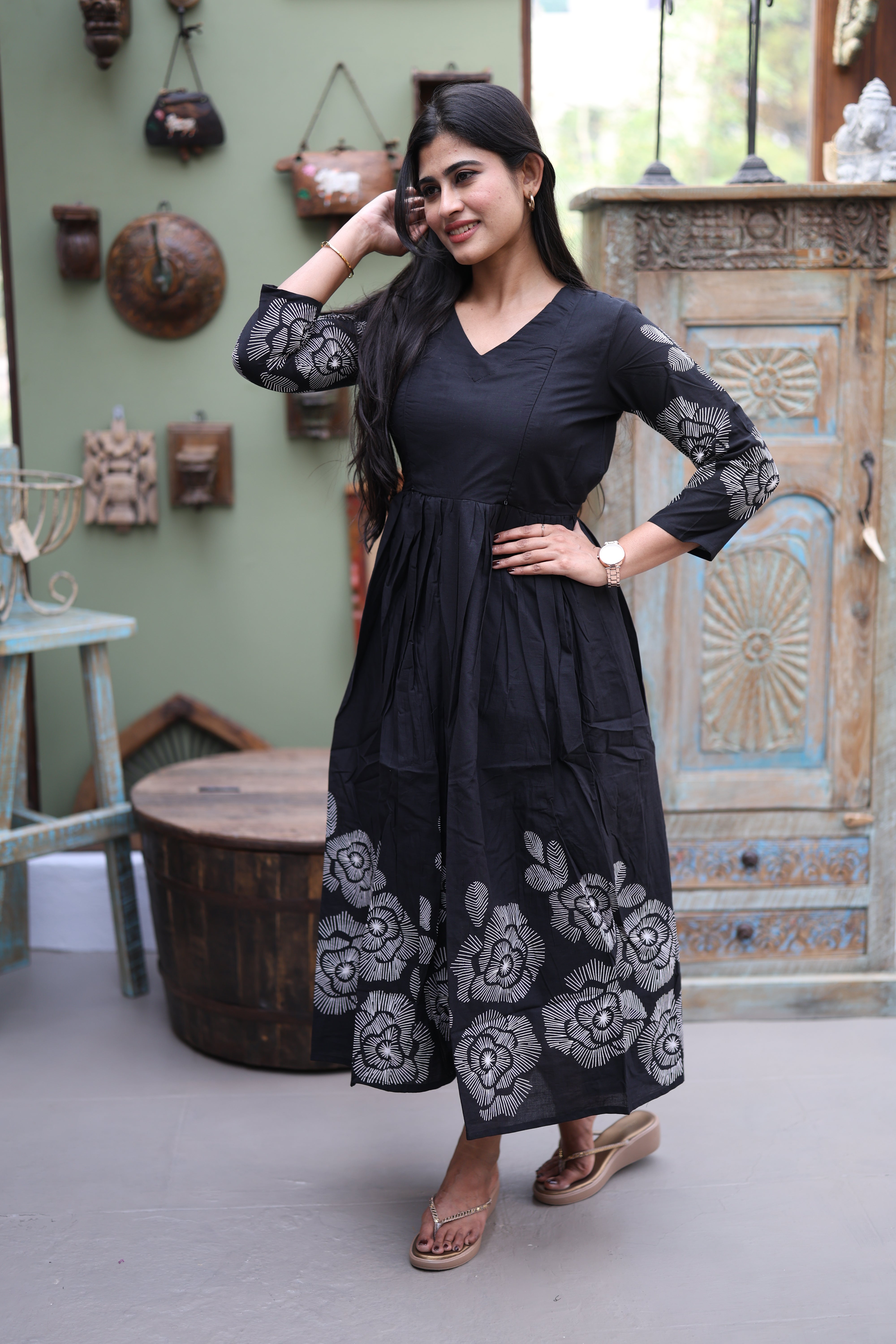 Black- Premium Cotton Daman Print Fabric  Maxi with Cotton lining 029