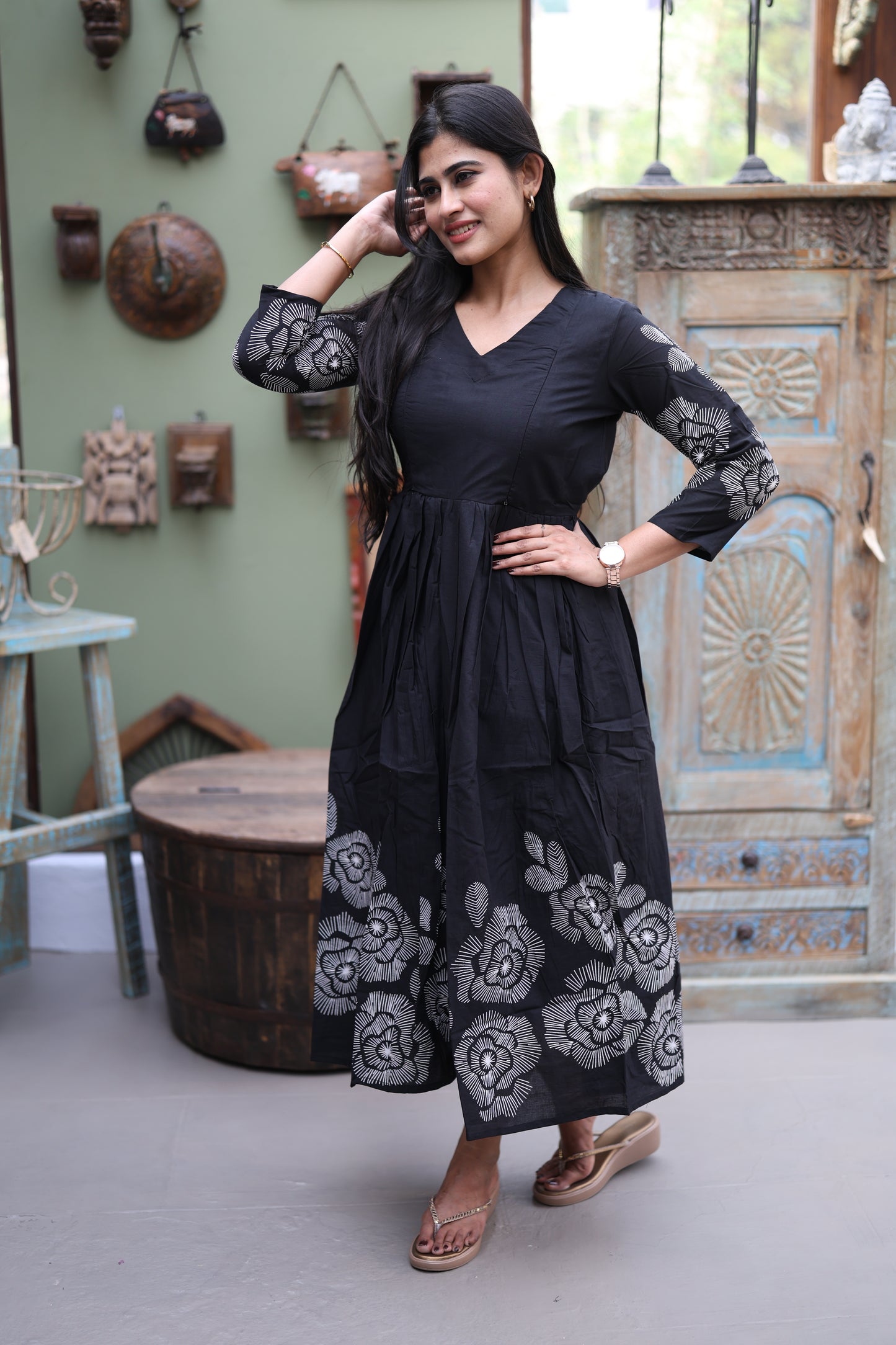 Black- Premium Cotton Daman Print Fabric  Maxi with Cotton lining FC0040